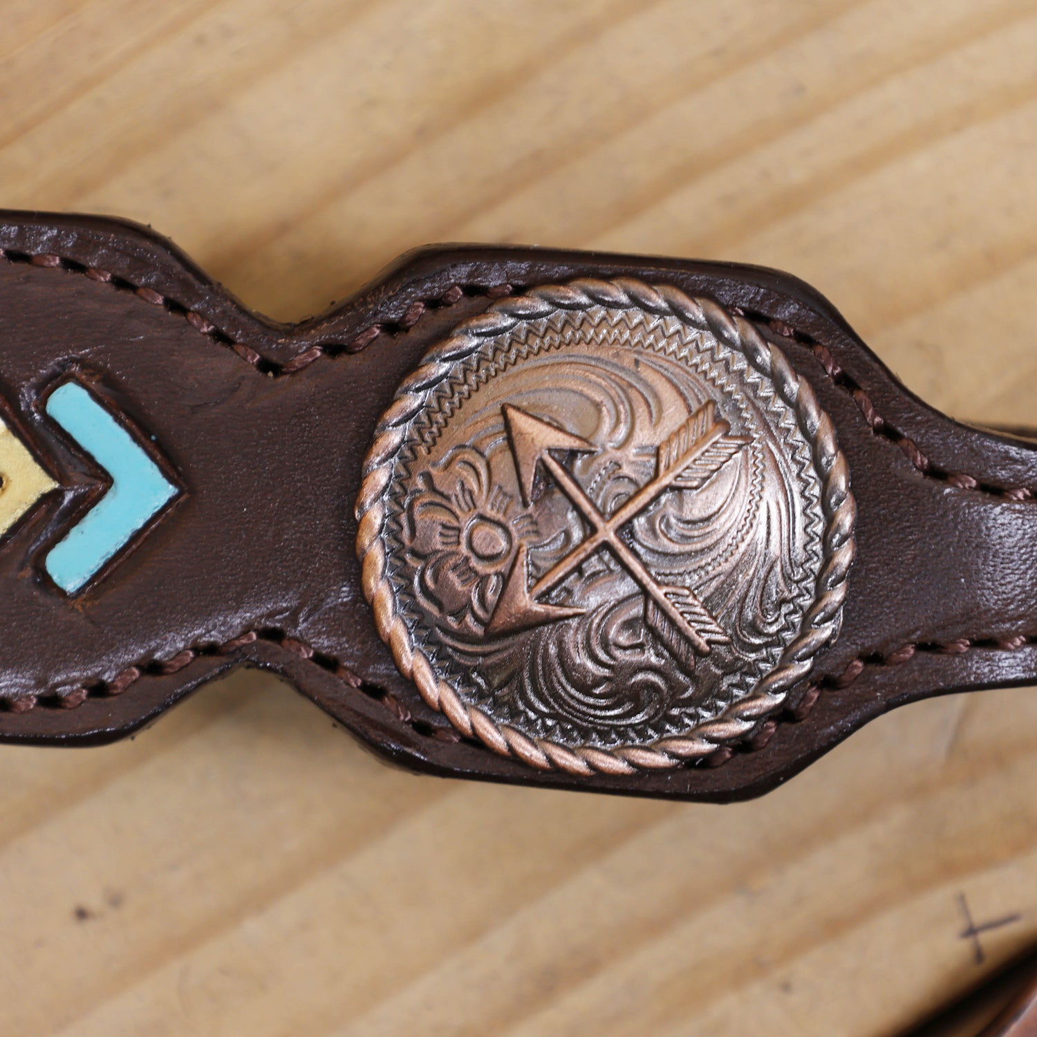 Western Horse Headstall Set Decorated with Geometrical Tooling with Golden Turquoise Hand Painting, Cross Arrow Concho with Turquoise Laces MOUSM
