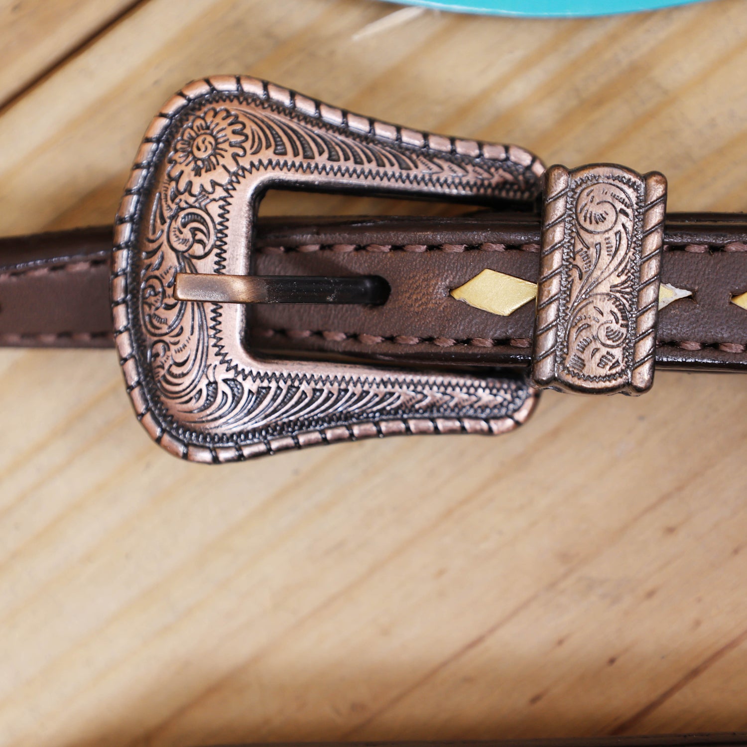 Western Horse Headstall Set Decorated with Geometrical Tooling with Golden Turquoise Hand Painting, Cross Arrow Concho with Turquoise Laces MOUSM