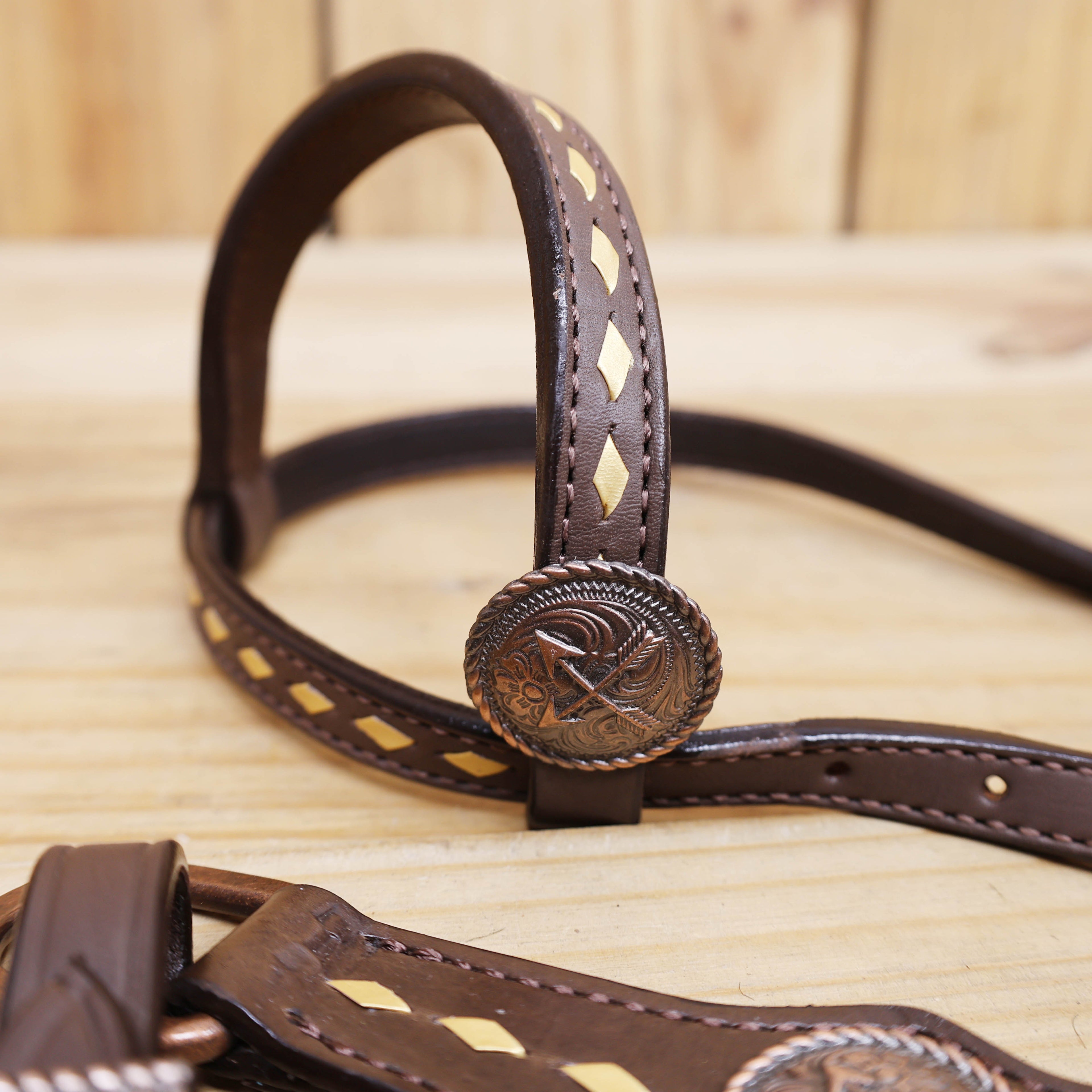 Western Horse Headstall Set Decorated with Geometrical Tooling with Golden Turquoise Hand Painting, Cross Arrow Concho with Turquoise Laces MOUSM