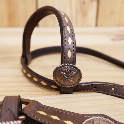 Western Horse Headstall Set Decorated with Geometrical Tooling with Golden Turquoise Hand Painting, Cross Arrow Concho with Turquoise Laces MOUSM