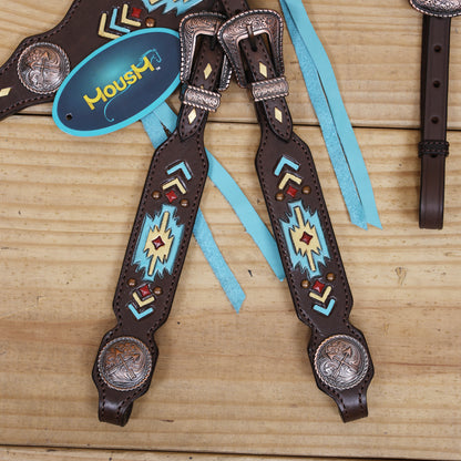 Western Horse Headstall Set Decorated with Geometrical Tooling with Golden Turquoise Hand Painting, Cross Arrow Concho with Turquoise Laces MOUSM