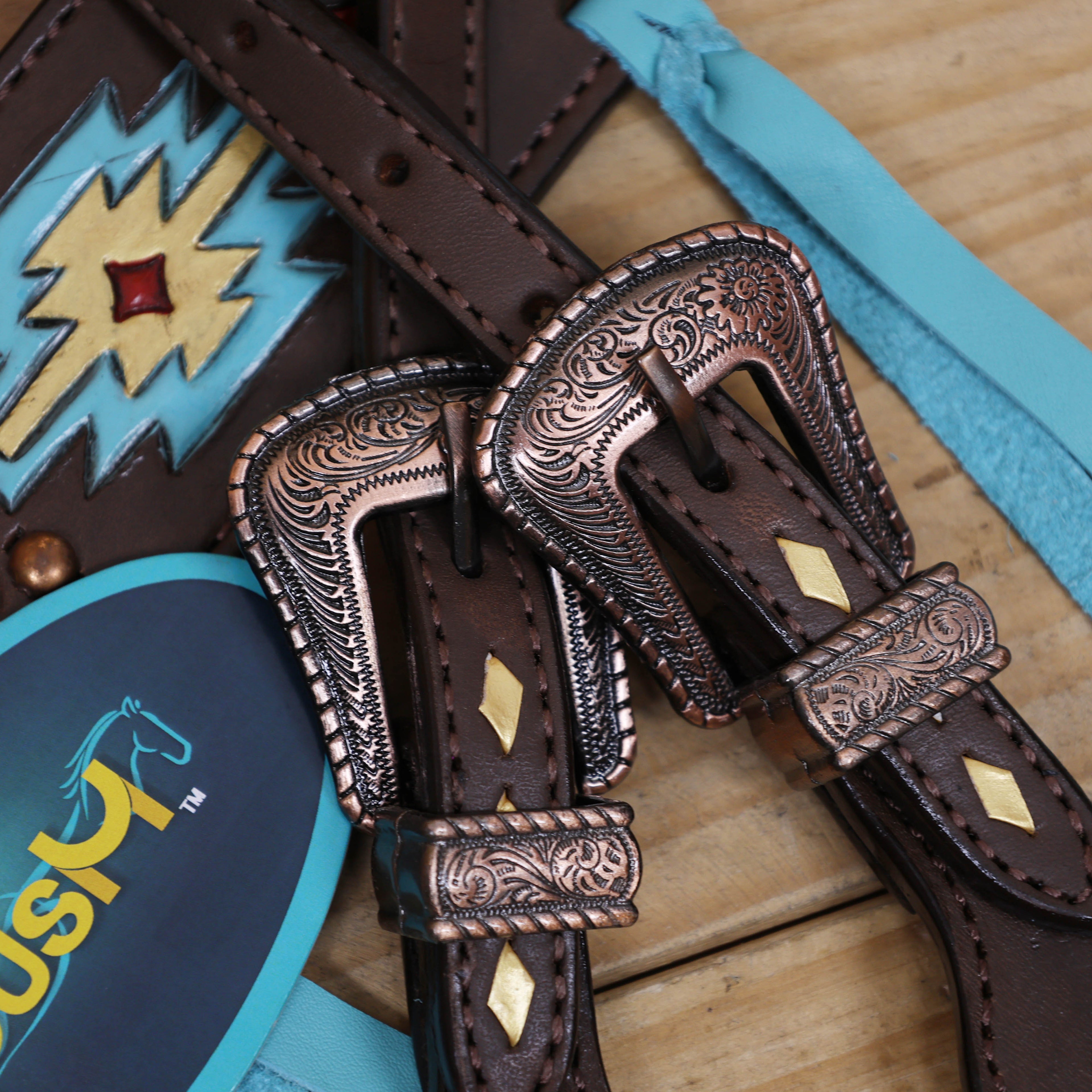 Western Horse Headstall Set Decorated with Geometrical Tooling with Golden Turquoise Hand Painting, Cross Arrow Concho with Turquoise Laces MOUSM