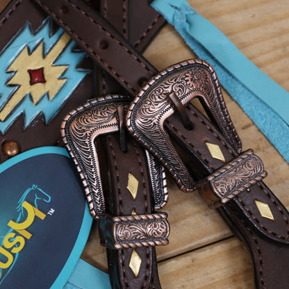Western Horse Headstall Set Decorated with Geometrical Tooling with Golden Turquoise Hand Painting, Cross Arrow Concho with Turquoise Laces MOUSM
