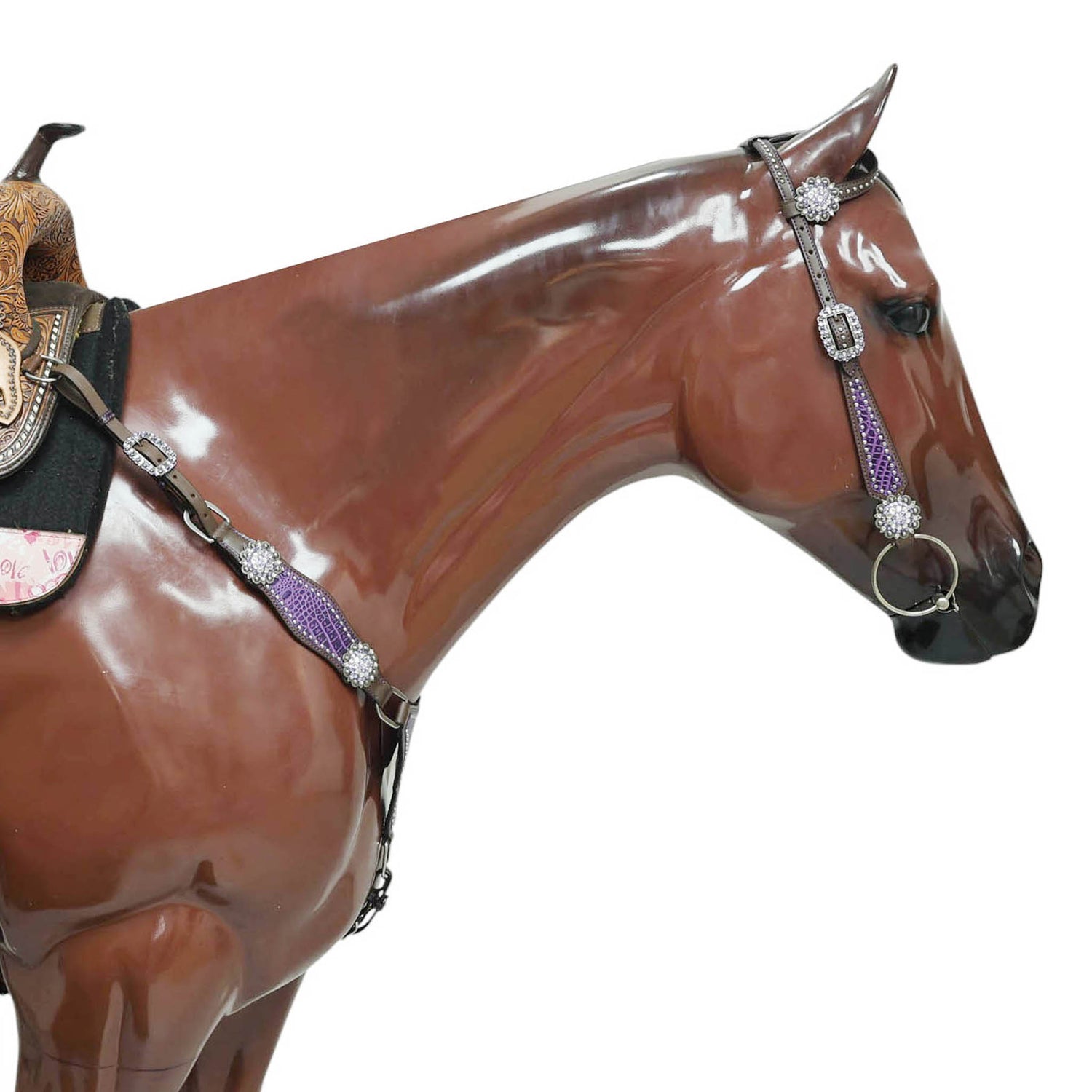 Argentina Cow Leather Headstall Tack Set Decorated with Purple Alligator Skin Textured Print with Silver Studs and Big Rhinestone Berry Conchos MOUSM