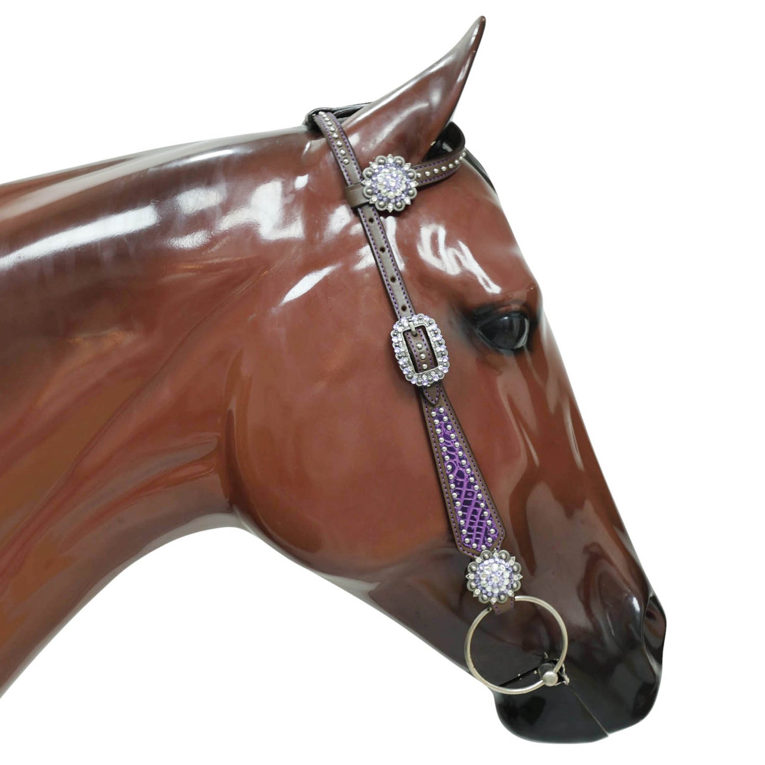 Argentina Cow Leather Headstall Tack Set Decorated with Purple Alligator Skin Textured Print with Silver Studs and Big Rhinestone Berry Conchos MOUSM