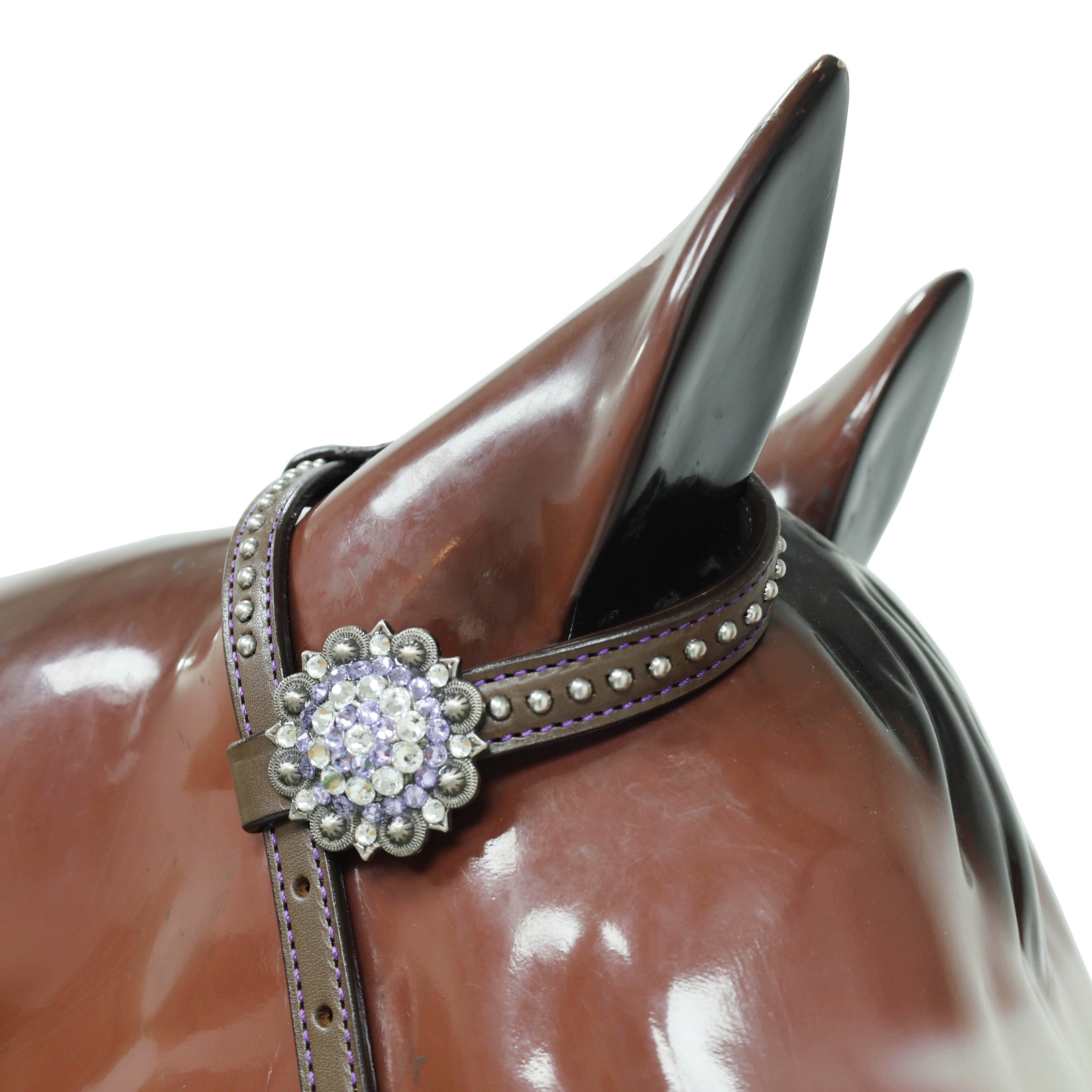 Argentina Cow Leather Headstall Tack Set Decorated with Purple Alligator Skin Textured Print with Silver Studs and Big Rhinestone Berry Conchos MOUSM