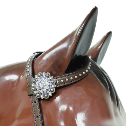 Argentina Cow Leather Headstall Tack Set Decorated with Purple Alligator Skin Textured Print with Silver Studs and Big Rhinestone Berry Conchos MOUSM