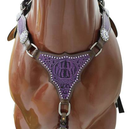 Argentina Cow Leather Headstall Tack Set Decorated with Purple Alligator Skin Textured Print with Silver Studs and Big Rhinestone Berry Conchos MOUSM