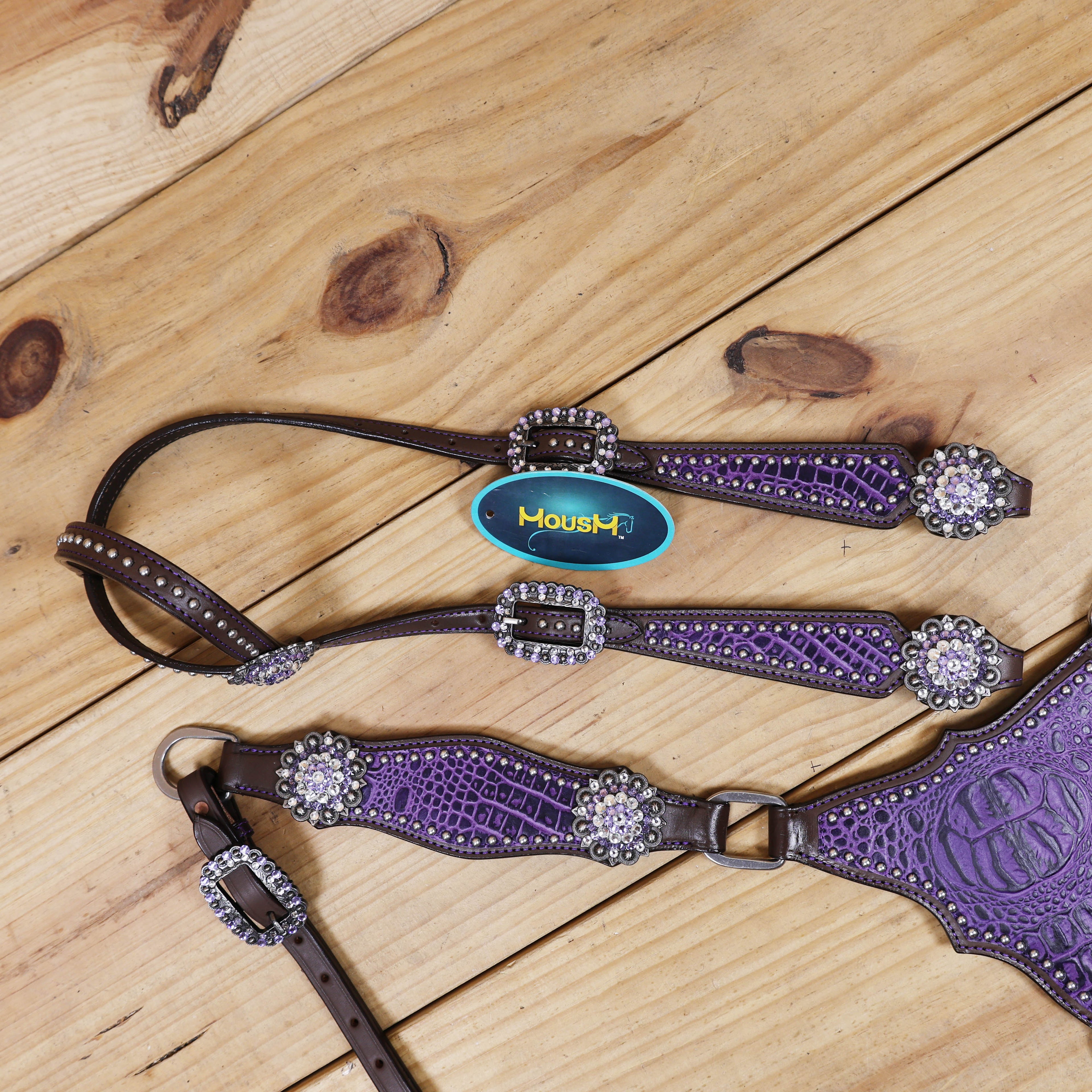 Argentina Cow Leather Headstall Tack Set Decorated with Purple Alligator Skin Textured Print with Silver Studs and Big Rhinestone Berry Conchos MOUSM