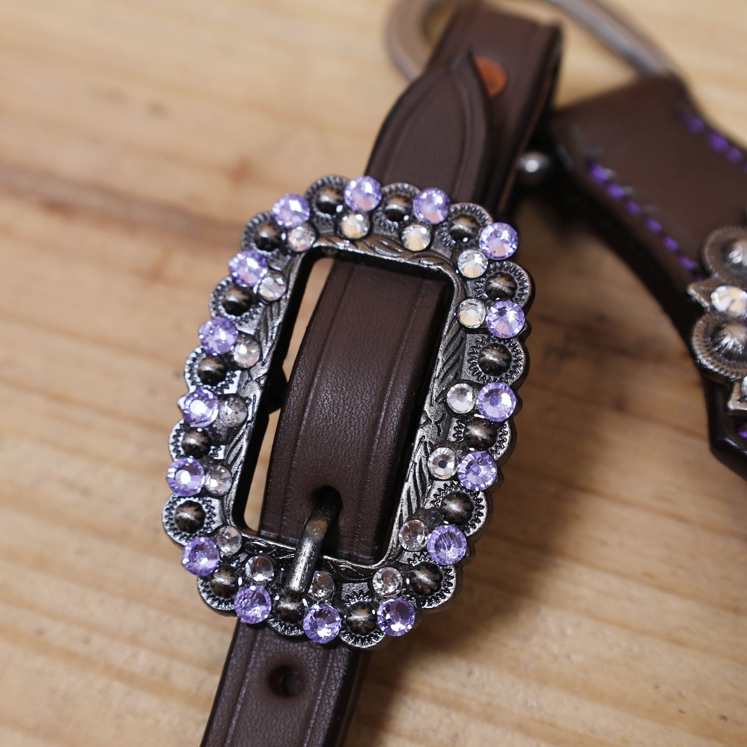 Argentina Cow Leather Headstall Tack Set Decorated with Purple Alligator Skin Textured Print with Silver Studs and Big Rhinestone Berry Conchos MOUSM