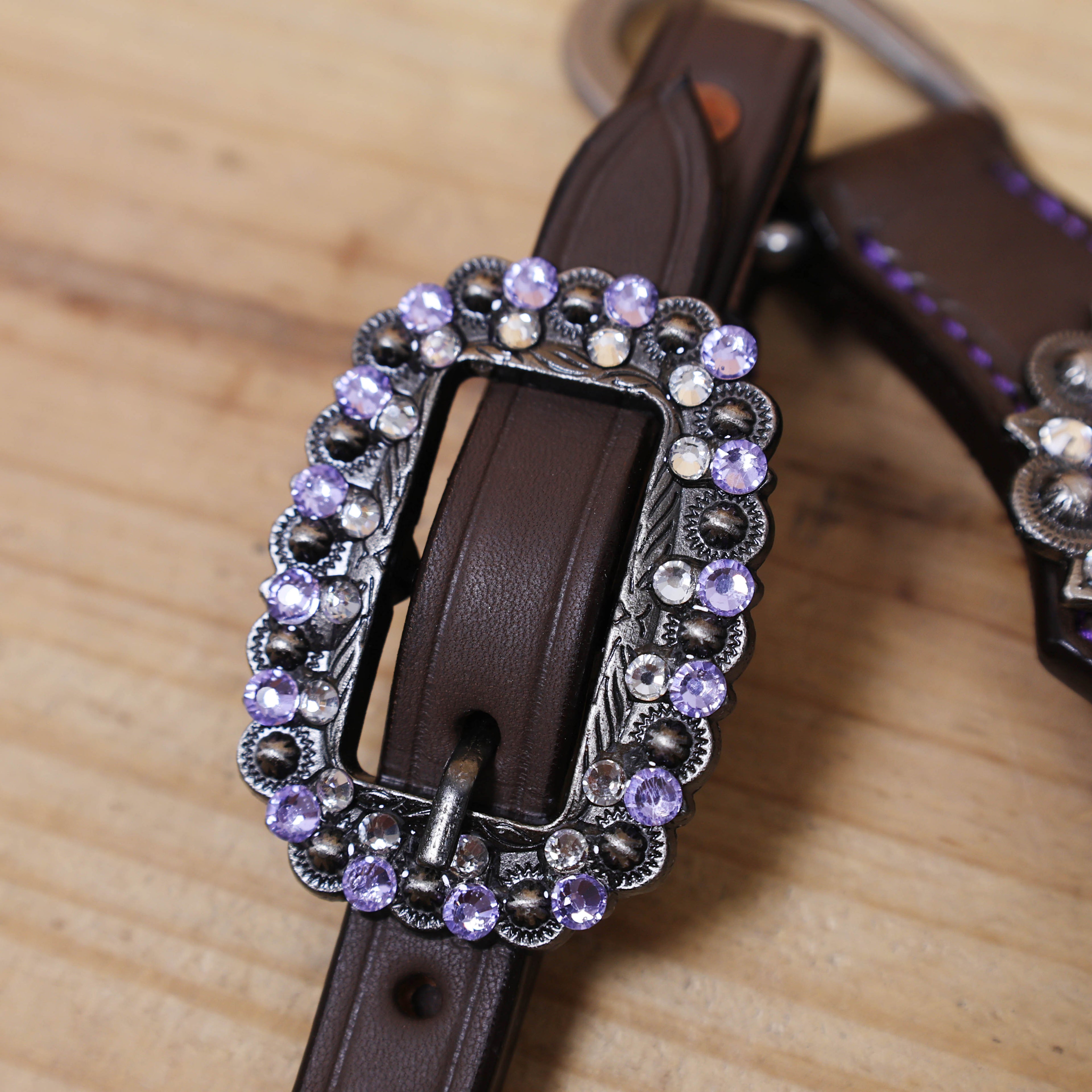 Argentina Cow Leather Headstall Tack Set Decorated with Purple Alligator Skin Textured Print with Silver Studs and Big Rhinestone Berry Conchos MOUSM