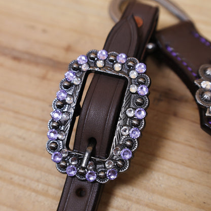 Argentina Cow Leather Headstall Tack Set Decorated with Purple Alligator Skin Textured Print with Silver Studs and Big Rhinestone Berry Conchos MOUSM