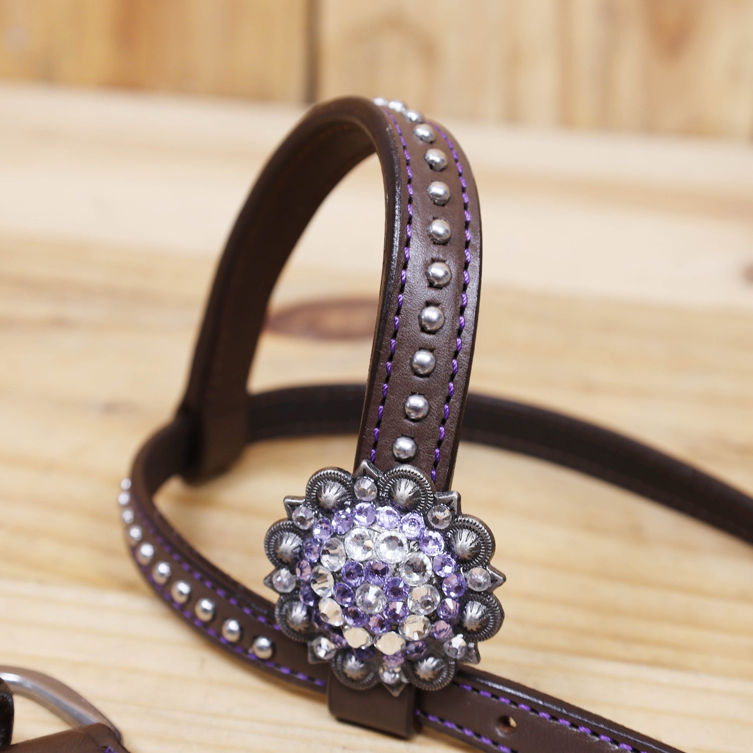 Argentina Cow Leather Headstall Tack Set Decorated with Purple Alligator Skin Textured Print with Silver Studs and Big Rhinestone Berry Conchos MOUSM