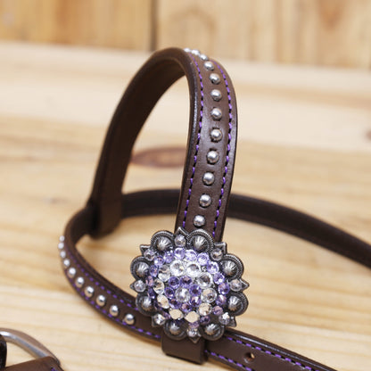 Argentina Cow Leather Headstall Tack Set Decorated with Purple Alligator Skin Textured Print with Silver Studs and Big Rhinestone Berry Conchos MOUSM