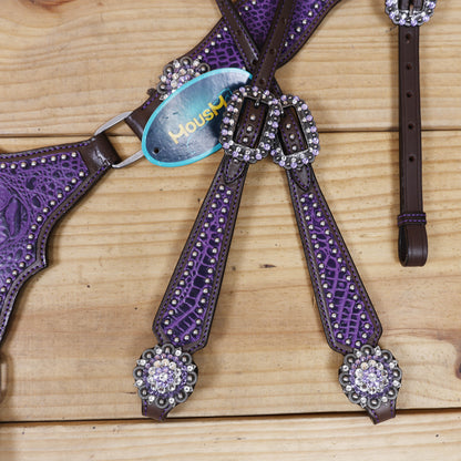 Argentina Cow Leather Headstall Tack Set Decorated with Purple Alligator Skin Textured Print with Silver Studs and Big Rhinestone Berry Conchos MOUSM