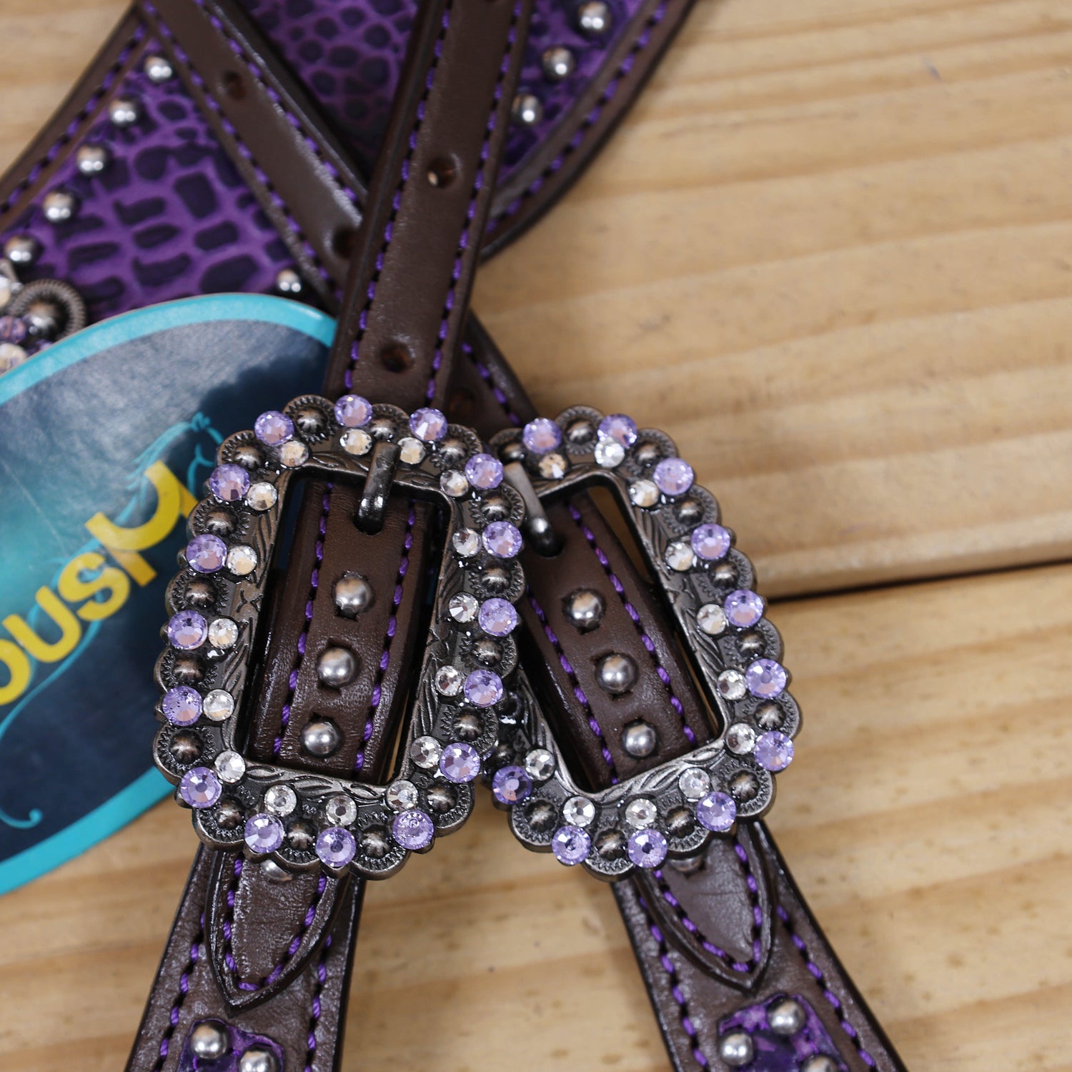 Argentina Cow Leather Headstall Tack Set Decorated with Purple Alligator Skin Textured Print with Silver Studs and Big Rhinestone Berry Conchos MOUSM