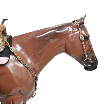 Western Headstall Set Decorated with Twisted Leather Braiding with Grey Alligator and Big Engraved Ring on Gladiator Style Breast Collar with Grey Alligator MOUSM