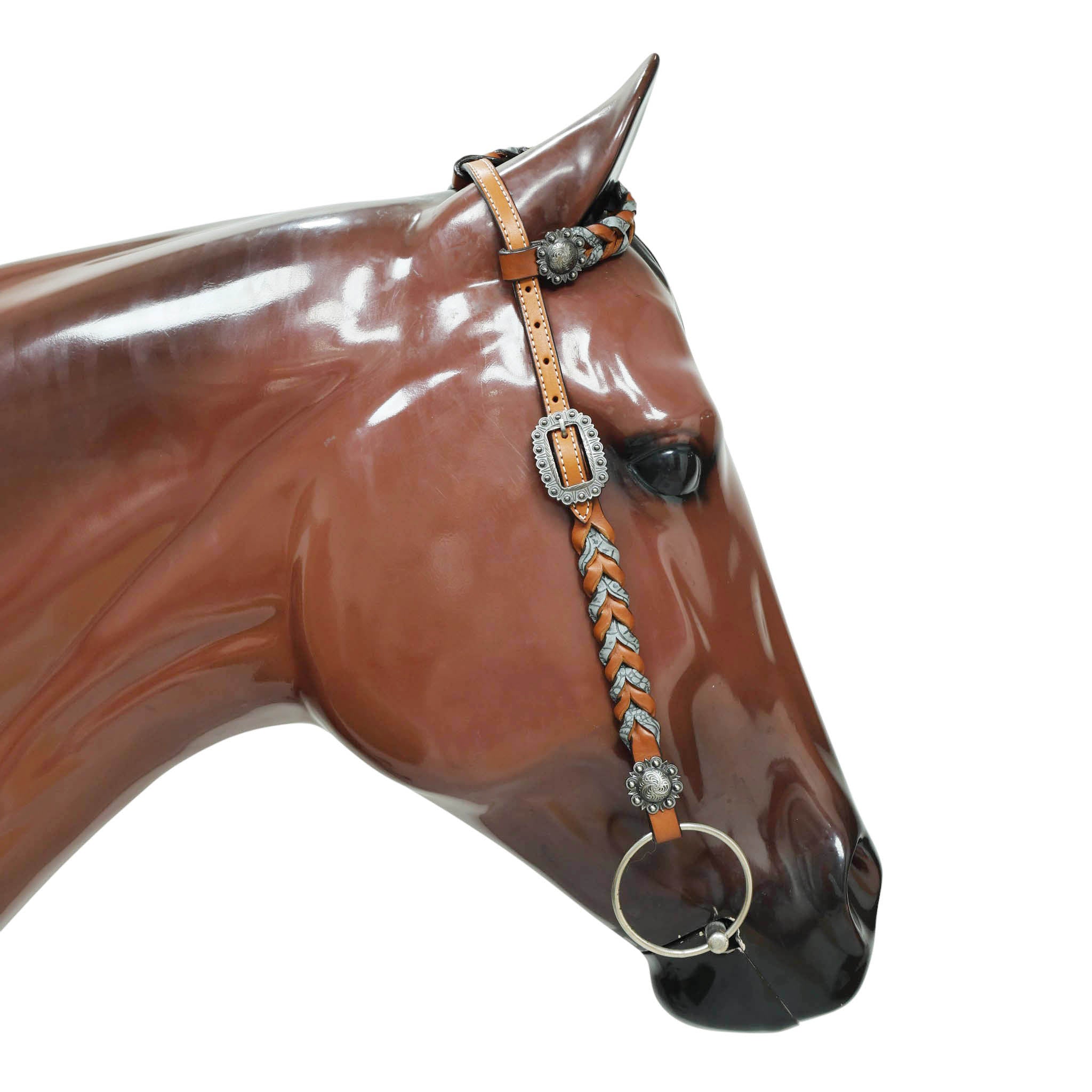 Western Headstall Set Decorated with Twisted Leather Braiding with Grey Alligator and Big Engraved Ring on Gladiator Style Breast Collar with Grey Alligator MOUSM