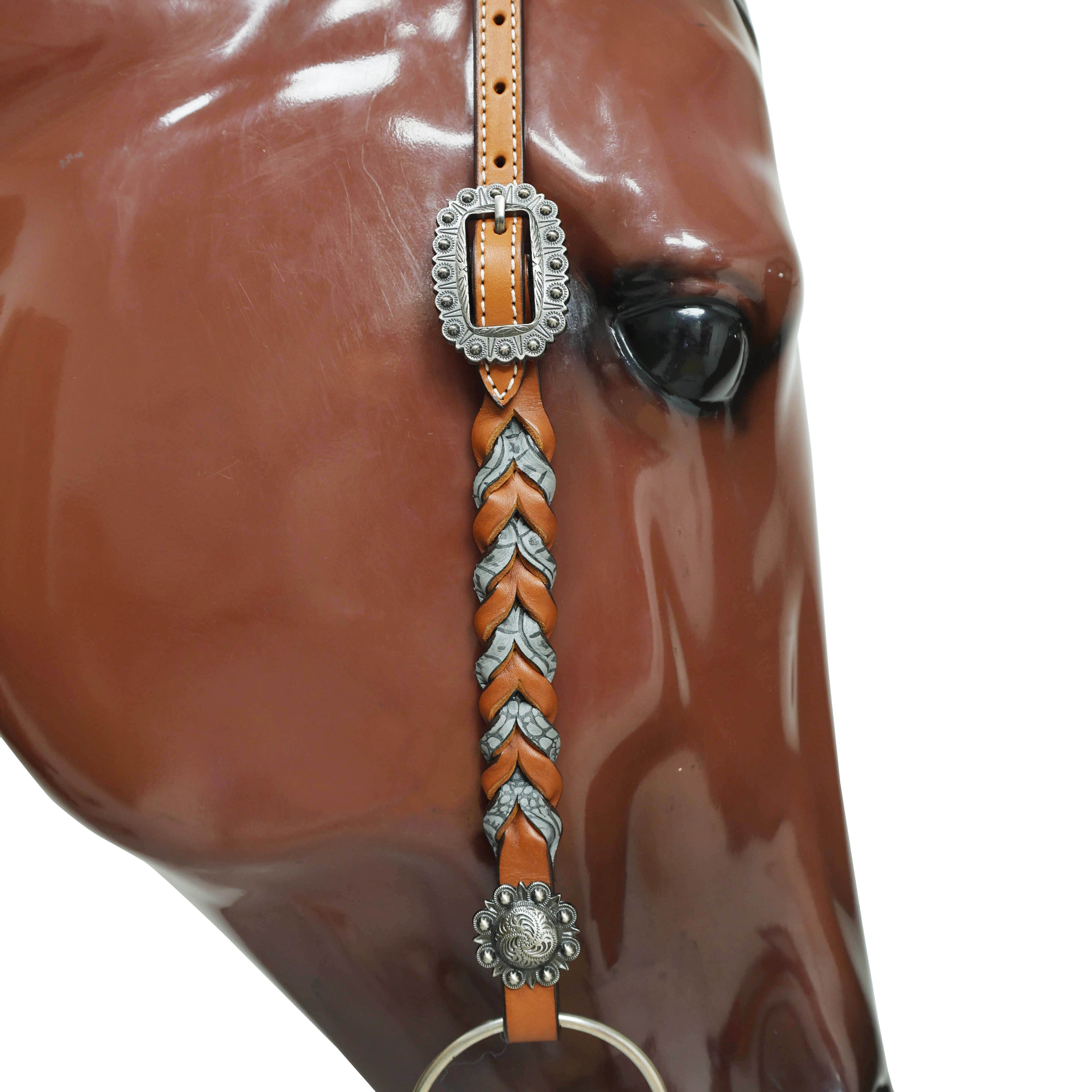 Western Headstall Set Decorated with Twisted Leather Braiding with Grey Alligator and Big Engraved Ring on Gladiator Style Breast Collar with Grey Alligator MOUSM