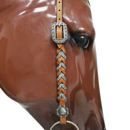 Western Headstall Set Decorated with Twisted Leather Braiding with Grey Alligator and Big Engraved Ring on Gladiator Style Breast Collar with Grey Alligator MOUSM