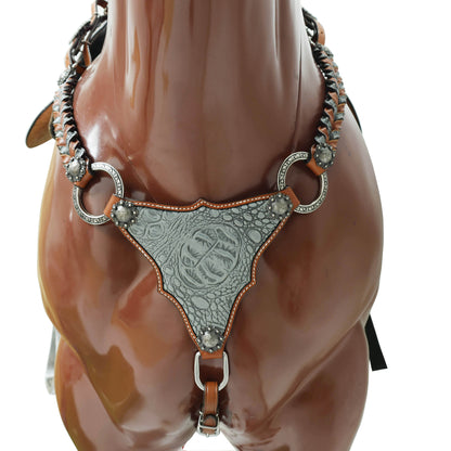 Western Headstall Set Decorated with Twisted Leather Braiding with Grey Alligator and Big Engraved Ring on Gladiator Style Breast Collar with Grey Alligator MOUSM