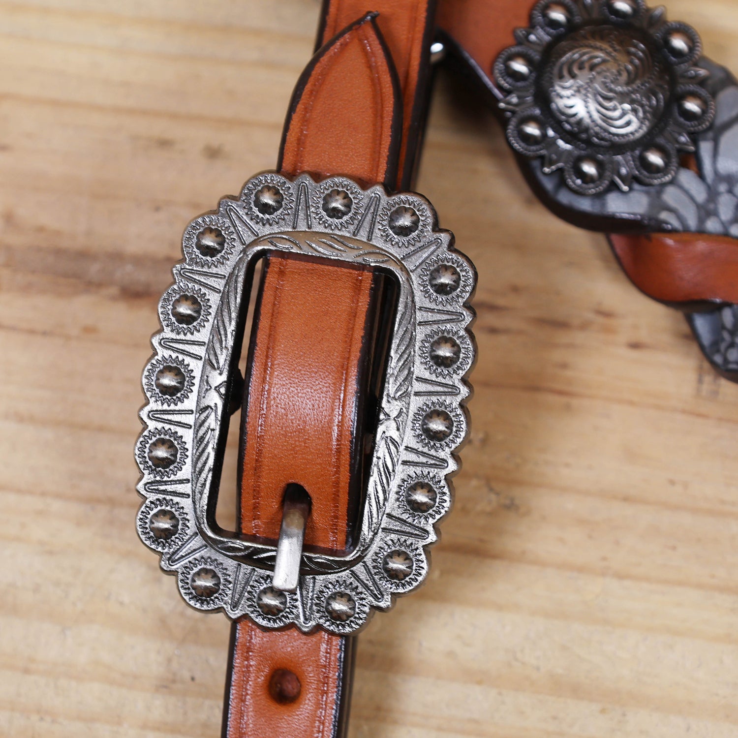 Western Headstall Set Decorated with Twisted Leather Braiding with Grey Alligator and Big Engraved Ring on Gladiator Style Breast Collar with Grey Alligator MOUSM