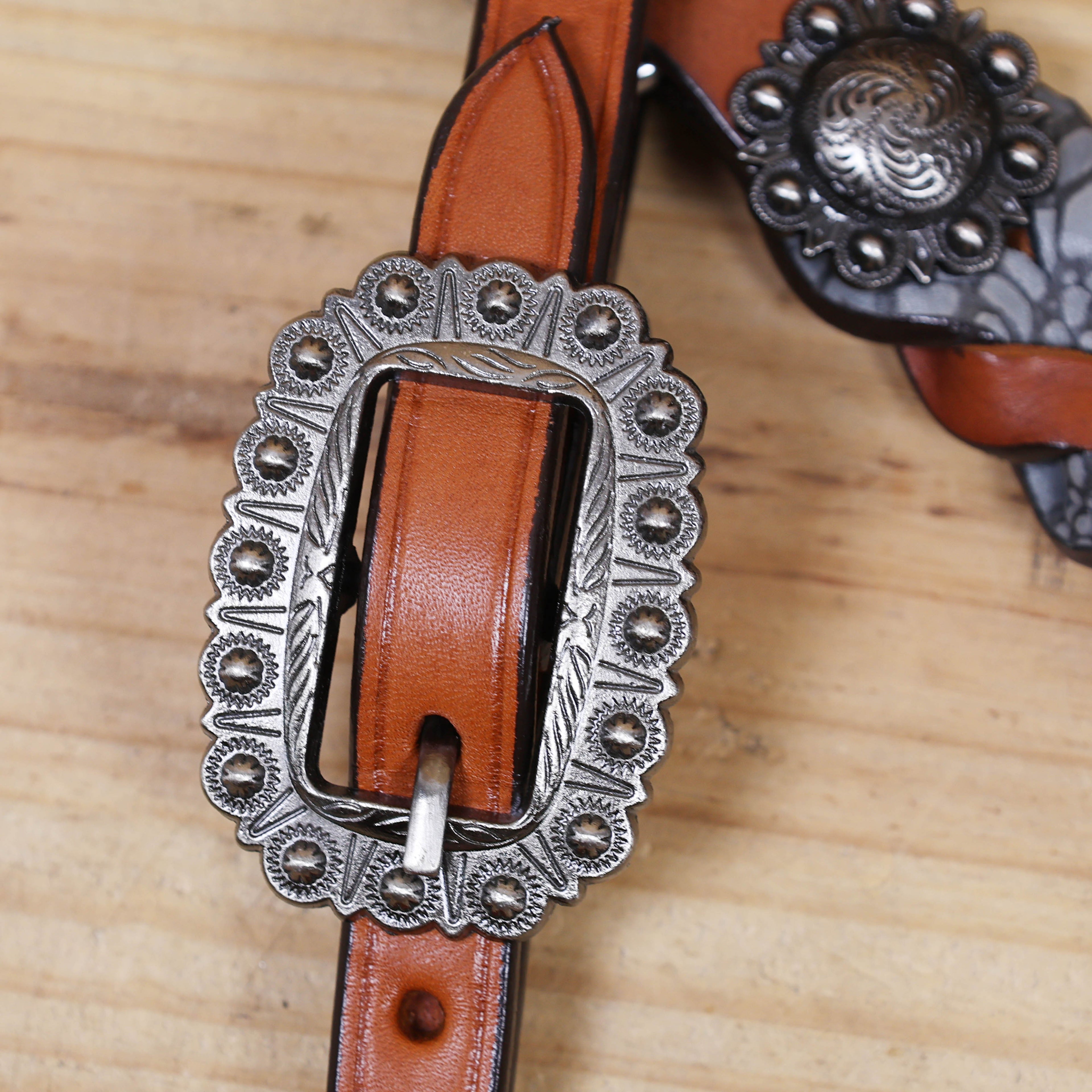 Western Headstall Set Decorated with Twisted Leather Braiding with Grey Alligator and Big Engraved Ring on Gladiator Style Breast Collar with Grey Alligator MOUSM