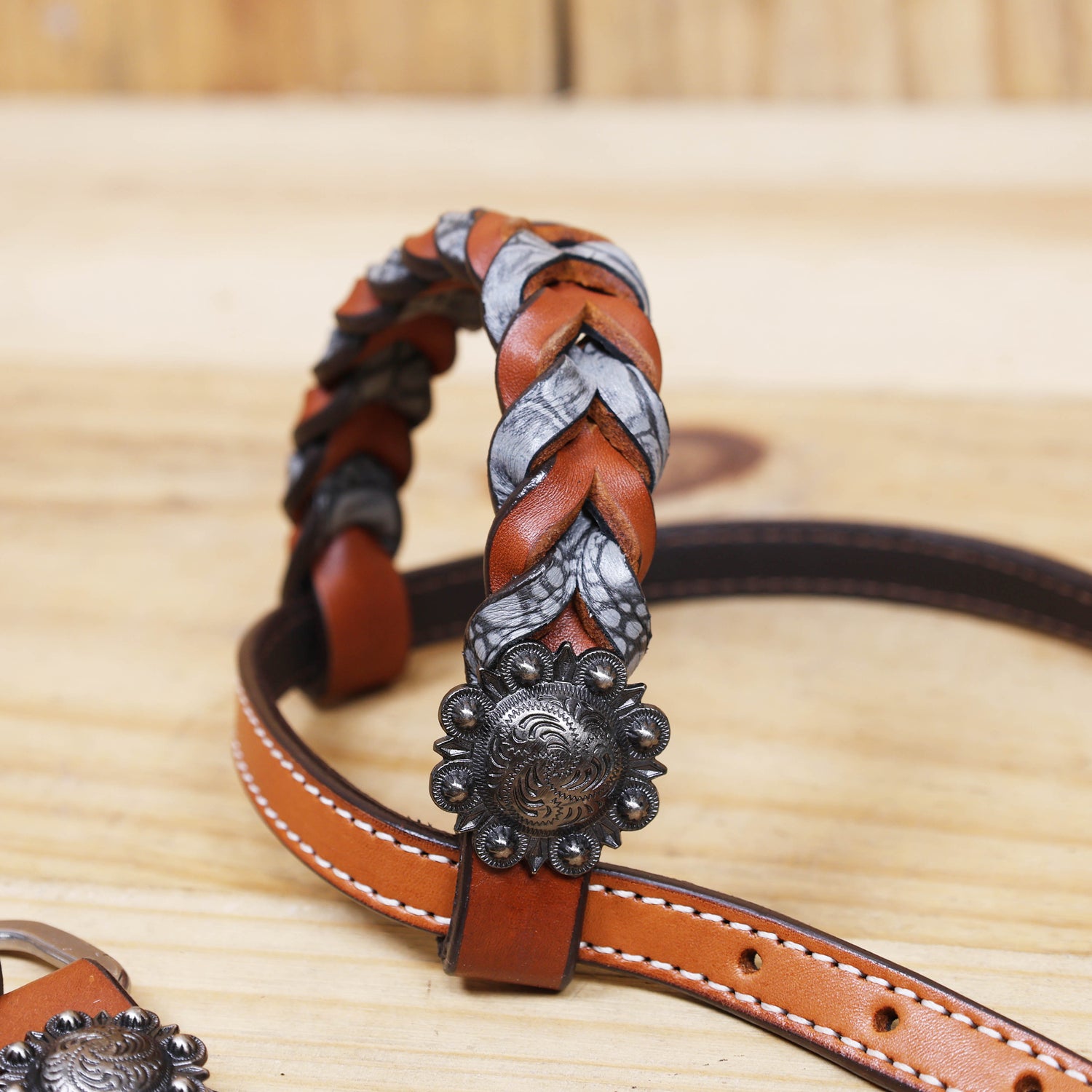 Western Headstall Set Decorated with Twisted Leather Braiding with Grey Alligator and Big Engraved Ring on Gladiator Style Breast Collar with Grey Alligator MOUSM
