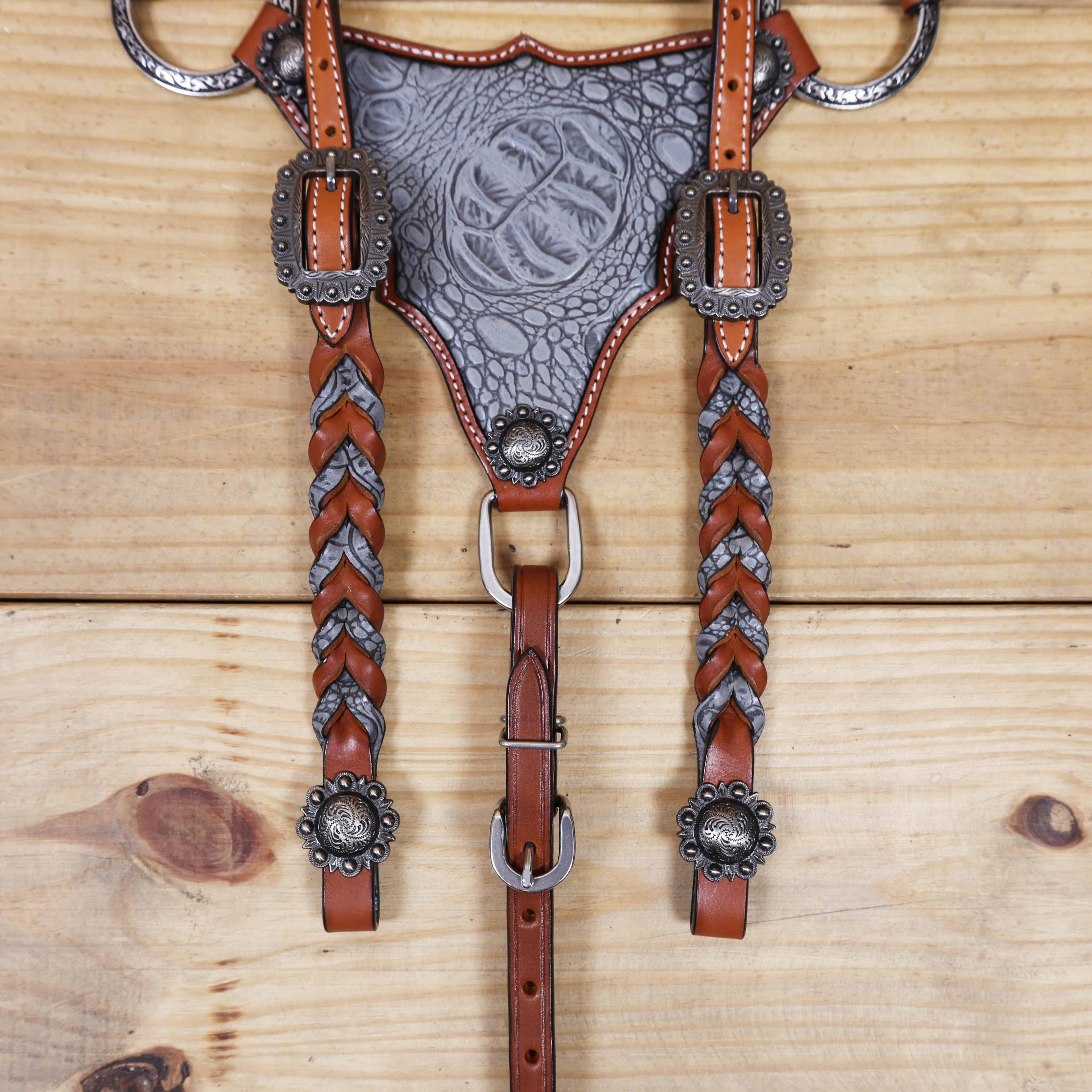 Western Headstall Set Decorated with Twisted Leather Braiding with Grey Alligator and Big Engraved Ring on Gladiator Style Breast Collar with Grey Alligator MOUSM
