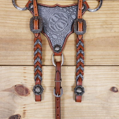 Western Headstall Set Decorated with Twisted Leather Braiding with Grey Alligator and Big Engraved Ring on Gladiator Style Breast Collar with Grey Alligator MOUSM