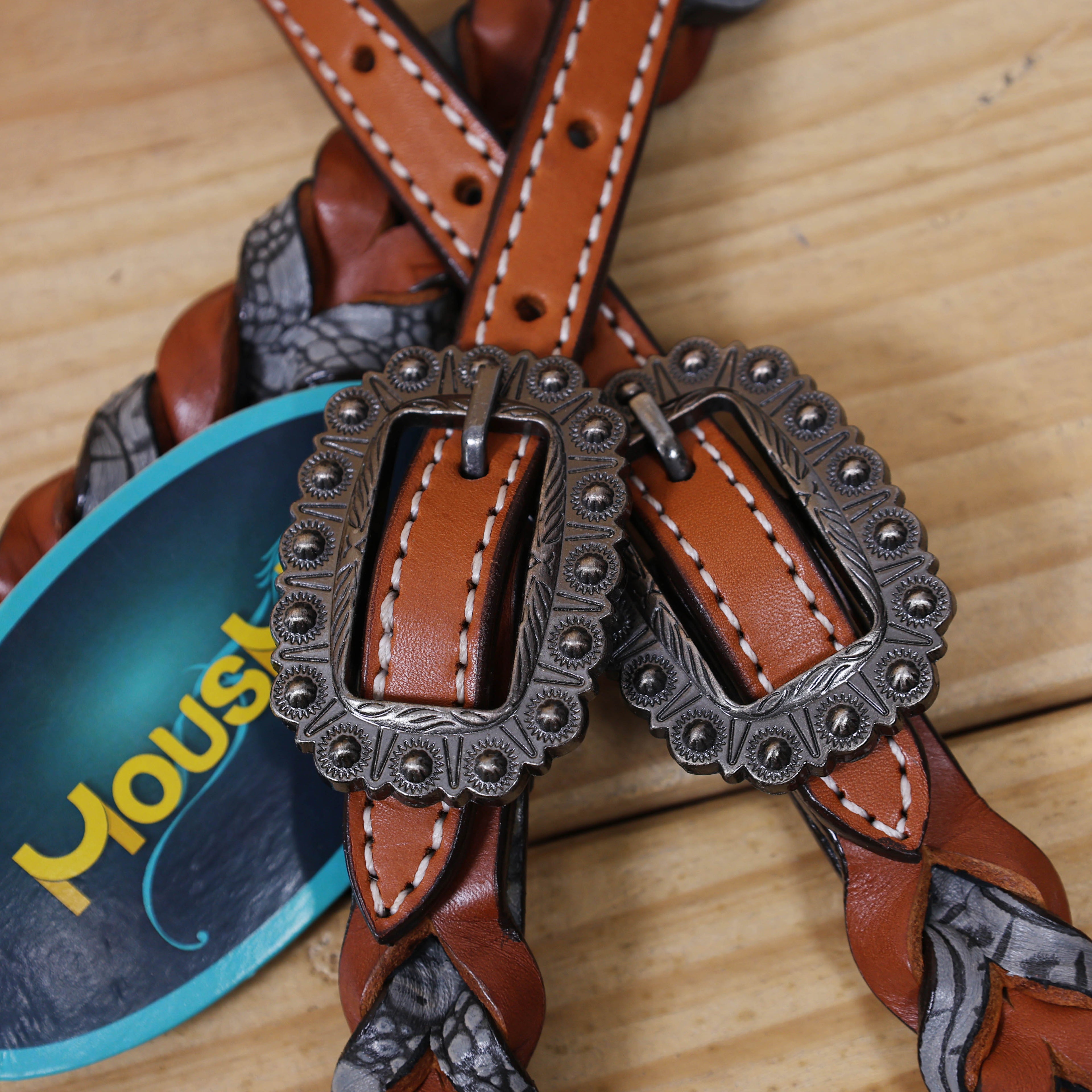 Western Headstall Set Decorated with Twisted Leather Braiding with Grey Alligator and Big Engraved Ring on Gladiator Style Breast Collar with Grey Alligator MOUSM