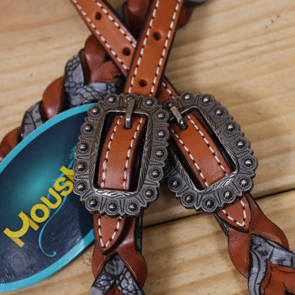 Western Headstall Set Decorated with Twisted Leather Braiding with Grey Alligator and Big Engraved Ring on Gladiator Style Breast Collar with Grey Alligator MOUSM