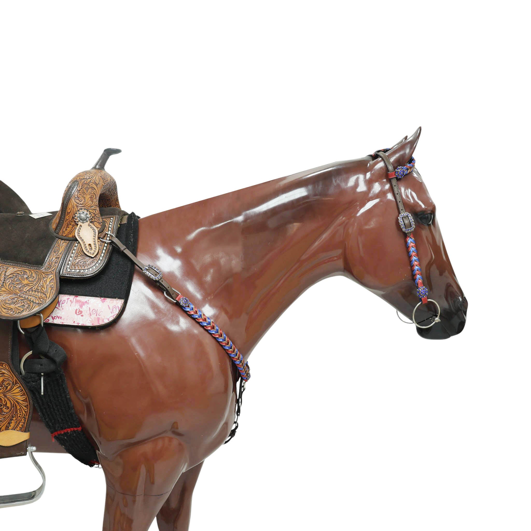 Western Headstall and Breast Collar Set Decorated with Royal Blue and Red Metallic Twisted Leather Braiding and Rhinestone Berry Conchos MOUSM