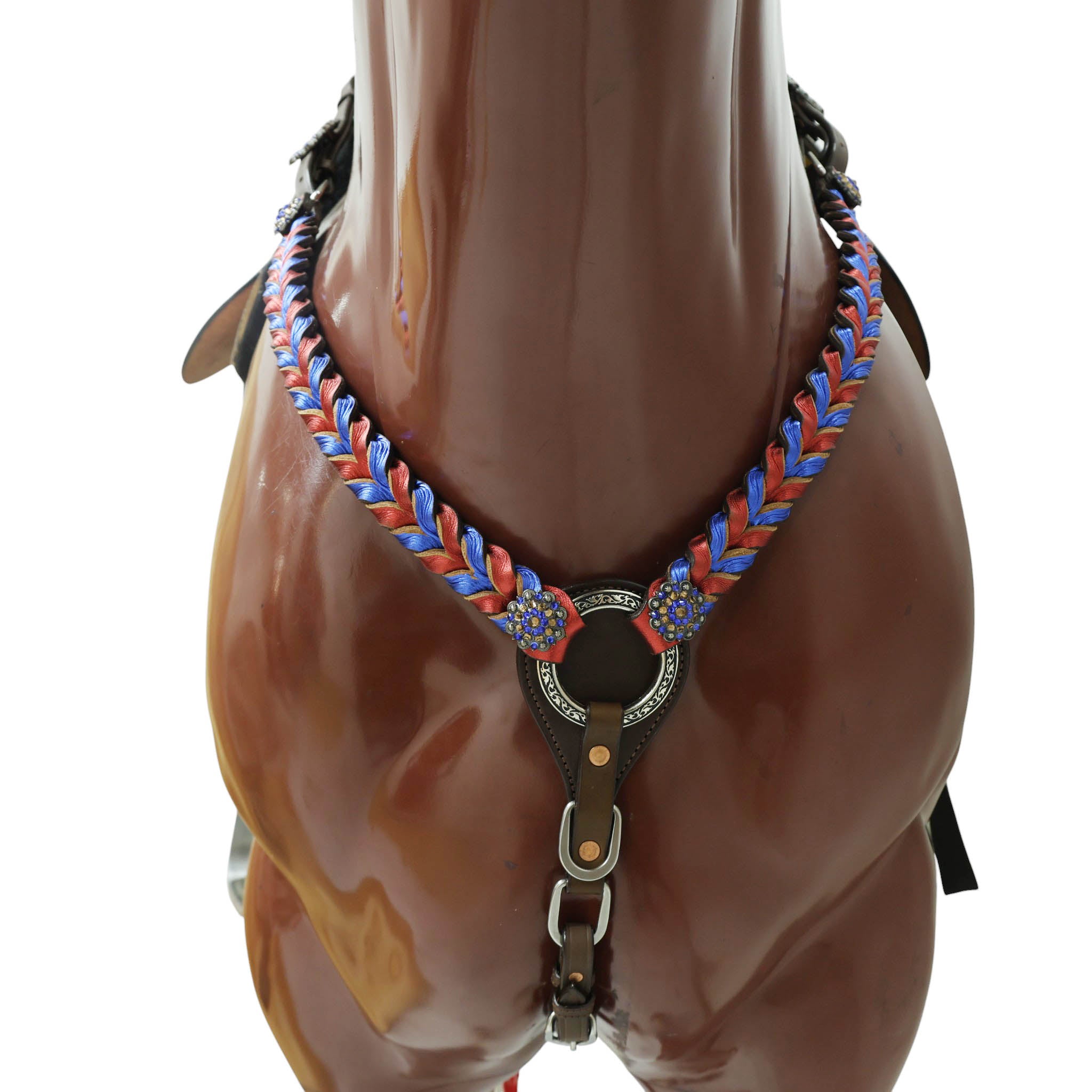 Western Headstall and Breast Collar Set Decorated with Royal Blue and Red Metallic Twisted Leather Braiding and Rhinestone Berry Conchos MOUSM