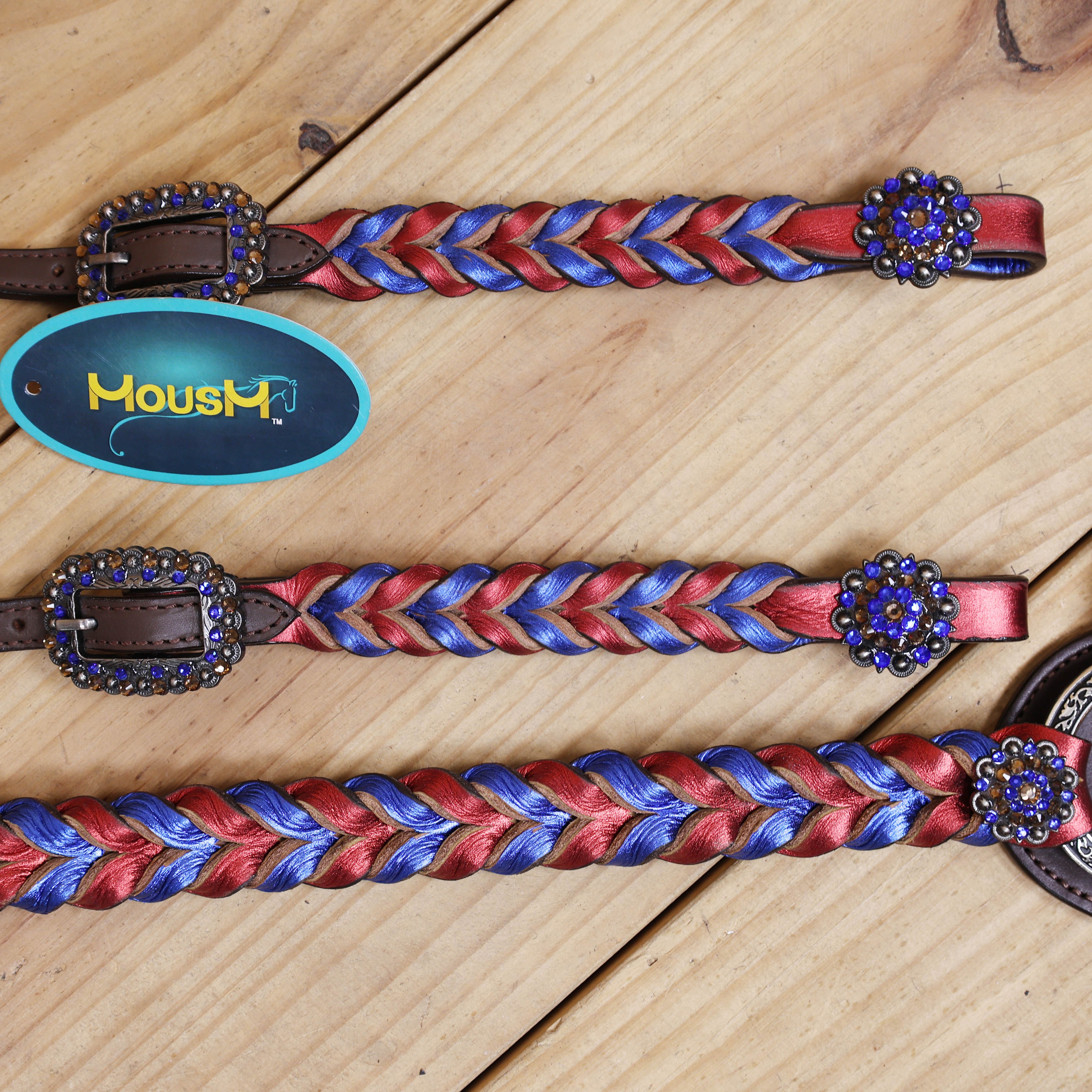 Western Headstall and Breast Collar Set Decorated with Royal Blue and Red Metallic Twisted Leather Braiding and Rhinestone Berry Conchos MOUSM