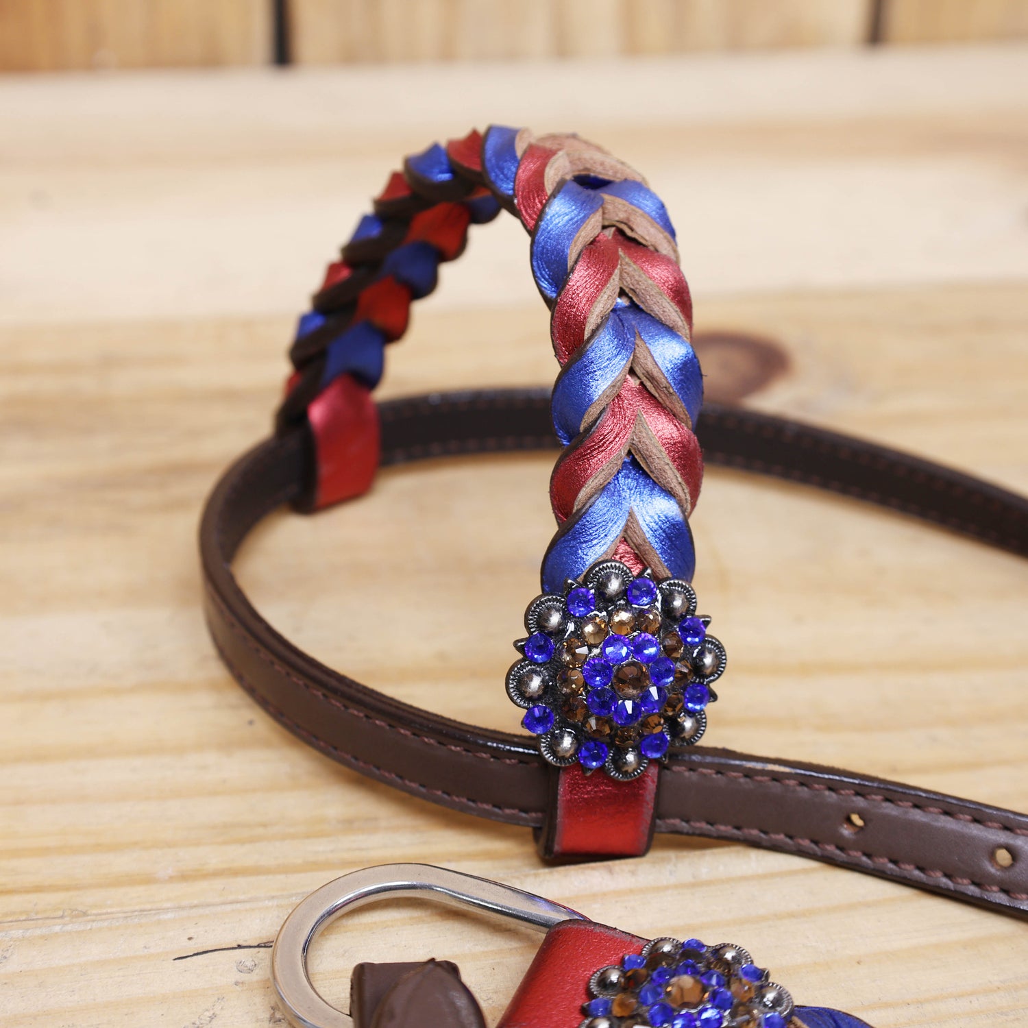 Western Headstall and Breast Collar Set Decorated with Royal Blue and Red Metallic Twisted Leather Braiding and Rhinestone Berry Conchos MOUSM