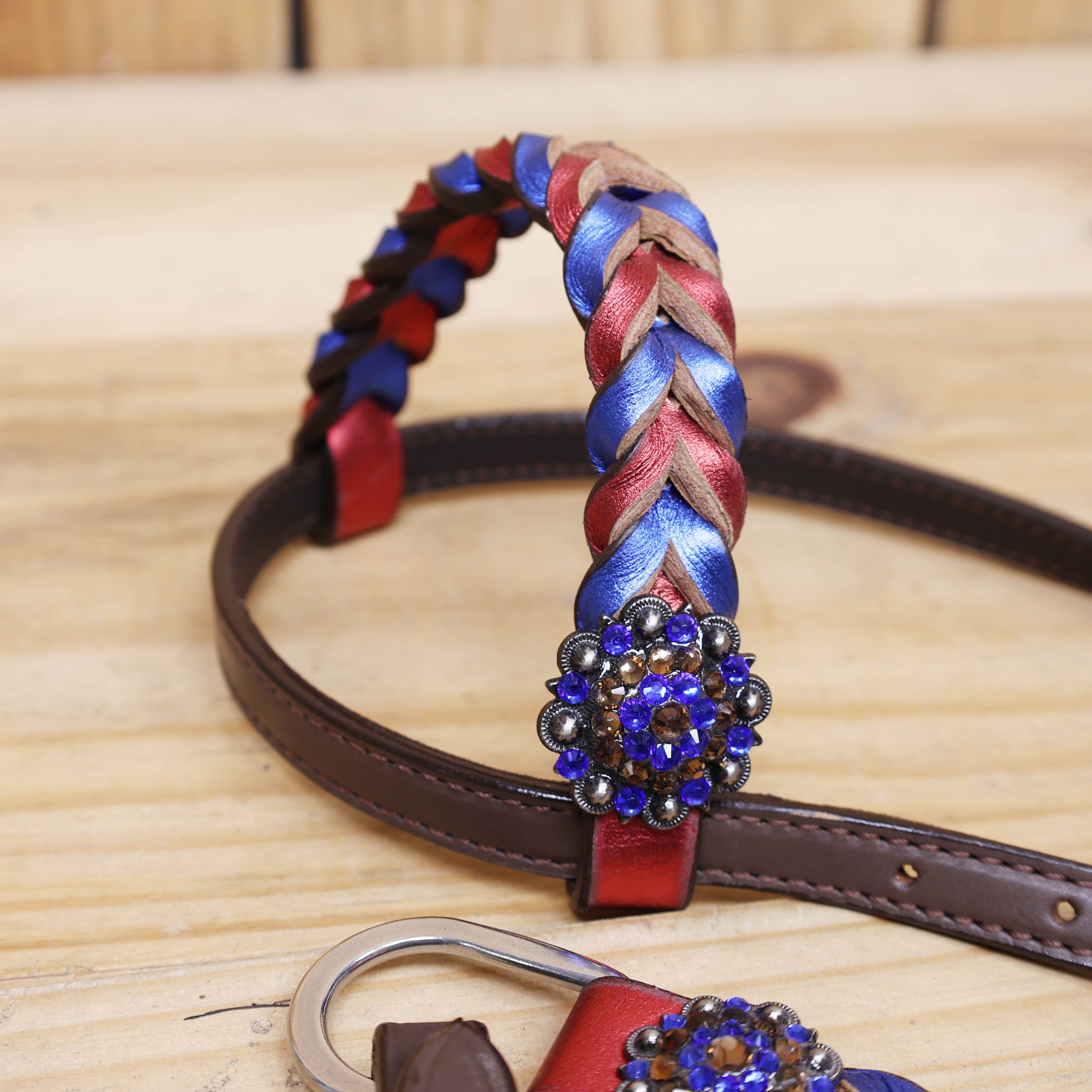 Western Headstall and Breast Collar Set Decorated with Royal Blue and Red Metallic Twisted Leather Braiding and Rhinestone Berry Conchos MOUSM