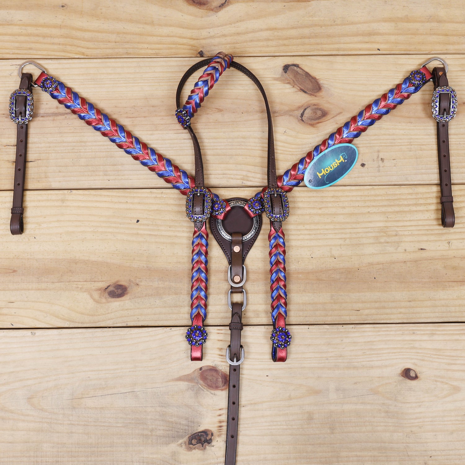 mousm western one ear headstall set with bright twisted Royal Blue and Red metallic braiding 