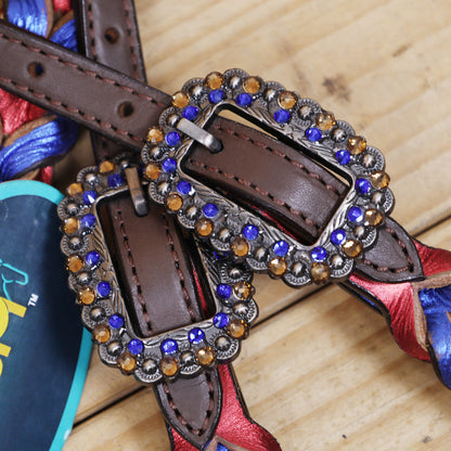 Western Headstall and Breast Collar Set Decorated with Royal Blue and Red Metallic Twisted Leather Braiding and Rhinestone Berry Conchos MOUSM