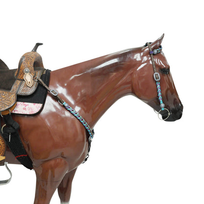 Western Horse Headstall Tack Set Decorated with Purple and Teal Metallic Twisted Leather Braiding and Rhinestone Berry Conchos MOUSM