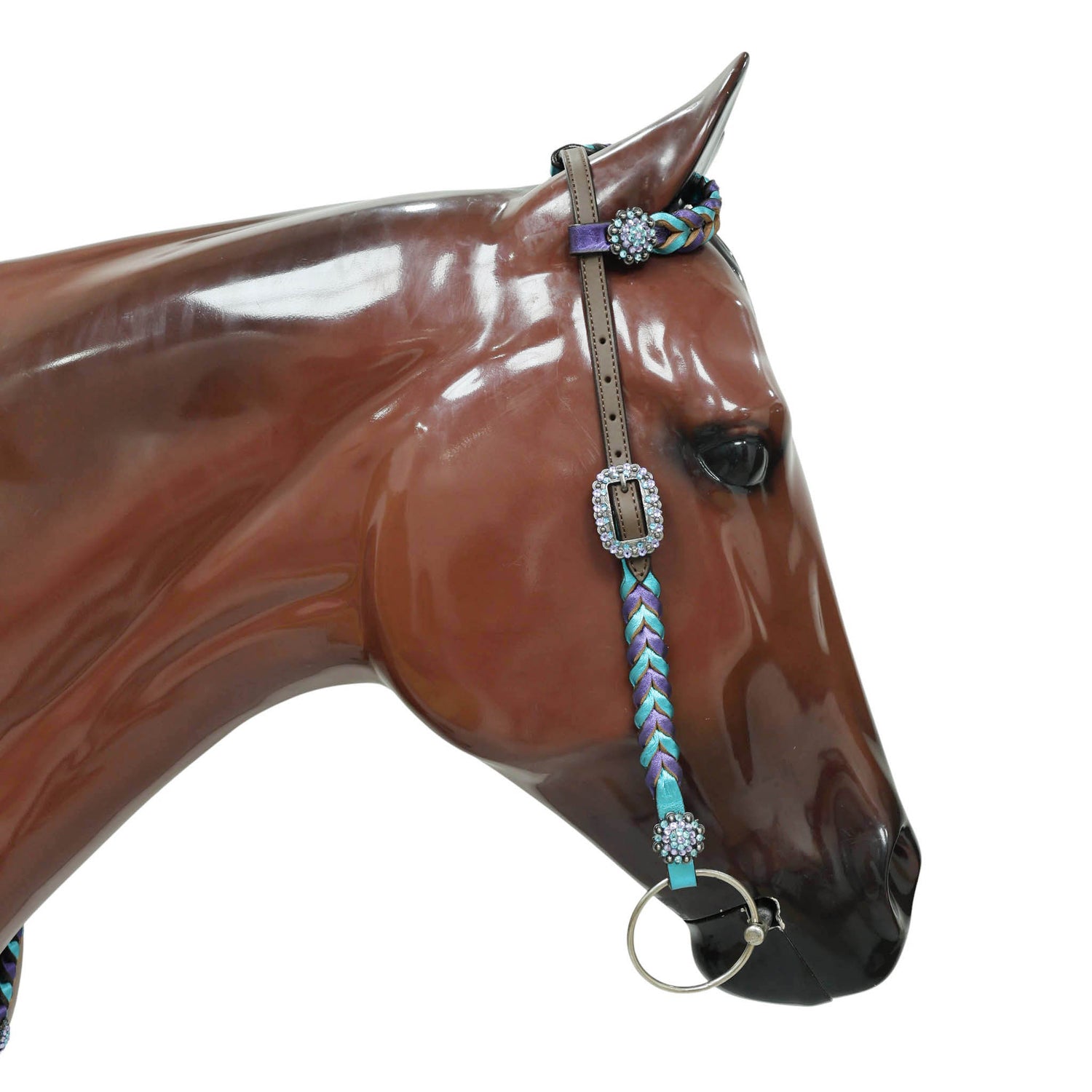 Western Horse Headstall Tack Set Decorated with Purple and Teal Metallic Twisted Leather Braiding and Rhinestone Berry Conchos MOUSM