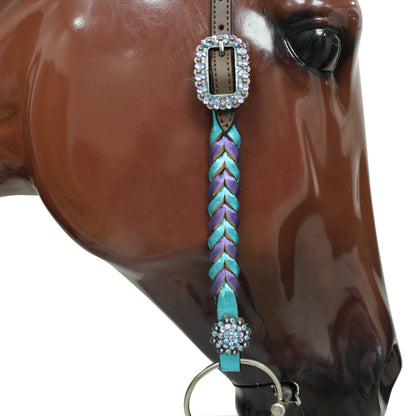 Western Horse Headstall Tack Set Decorated with Purple and Teal Metallic Twisted Leather Braiding and Rhinestone Berry Conchos MOUSM