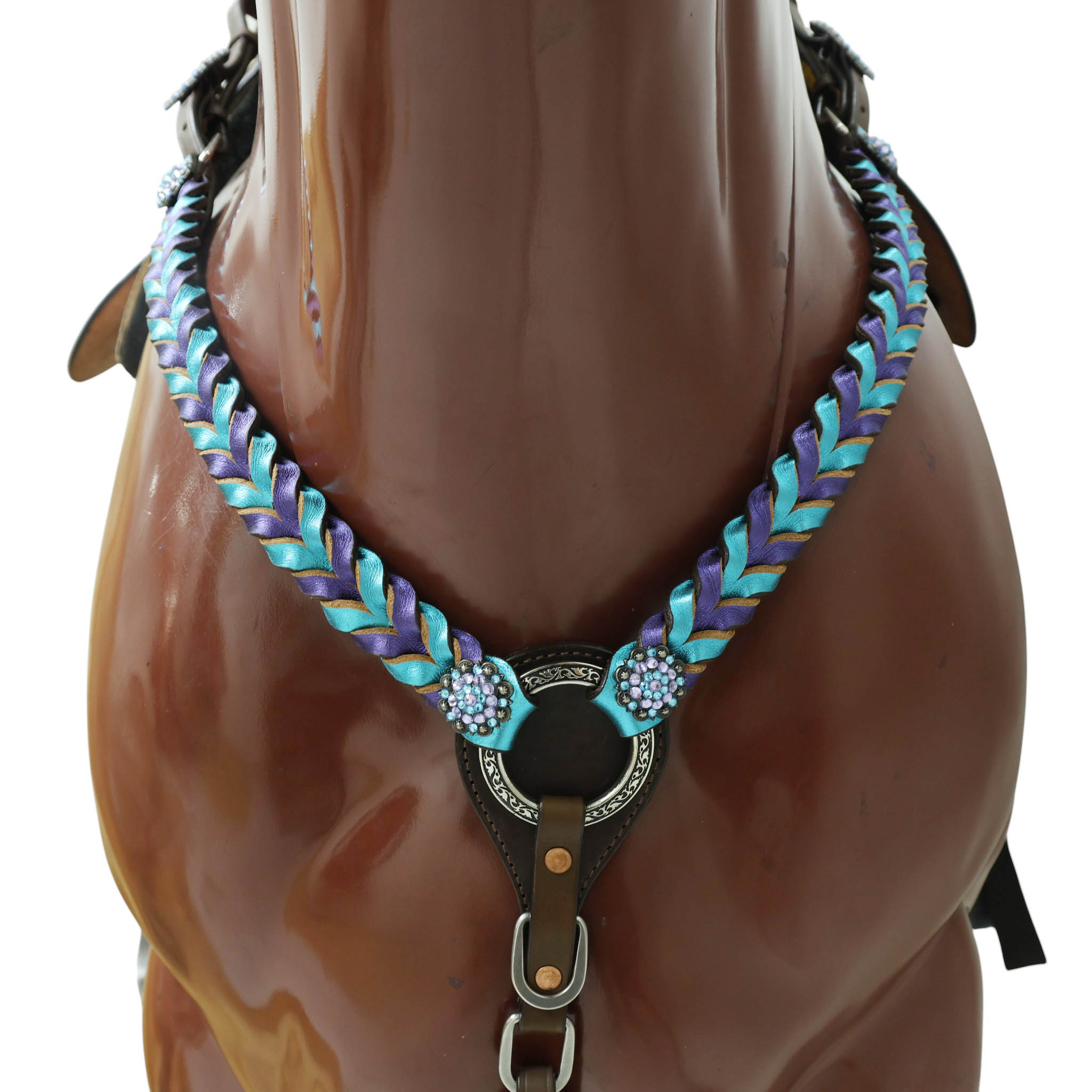 Western Horse Headstall Tack Set Decorated with Purple and Teal Metallic Twisted Leather Braiding and Rhinestone Berry Conchos MOUSM