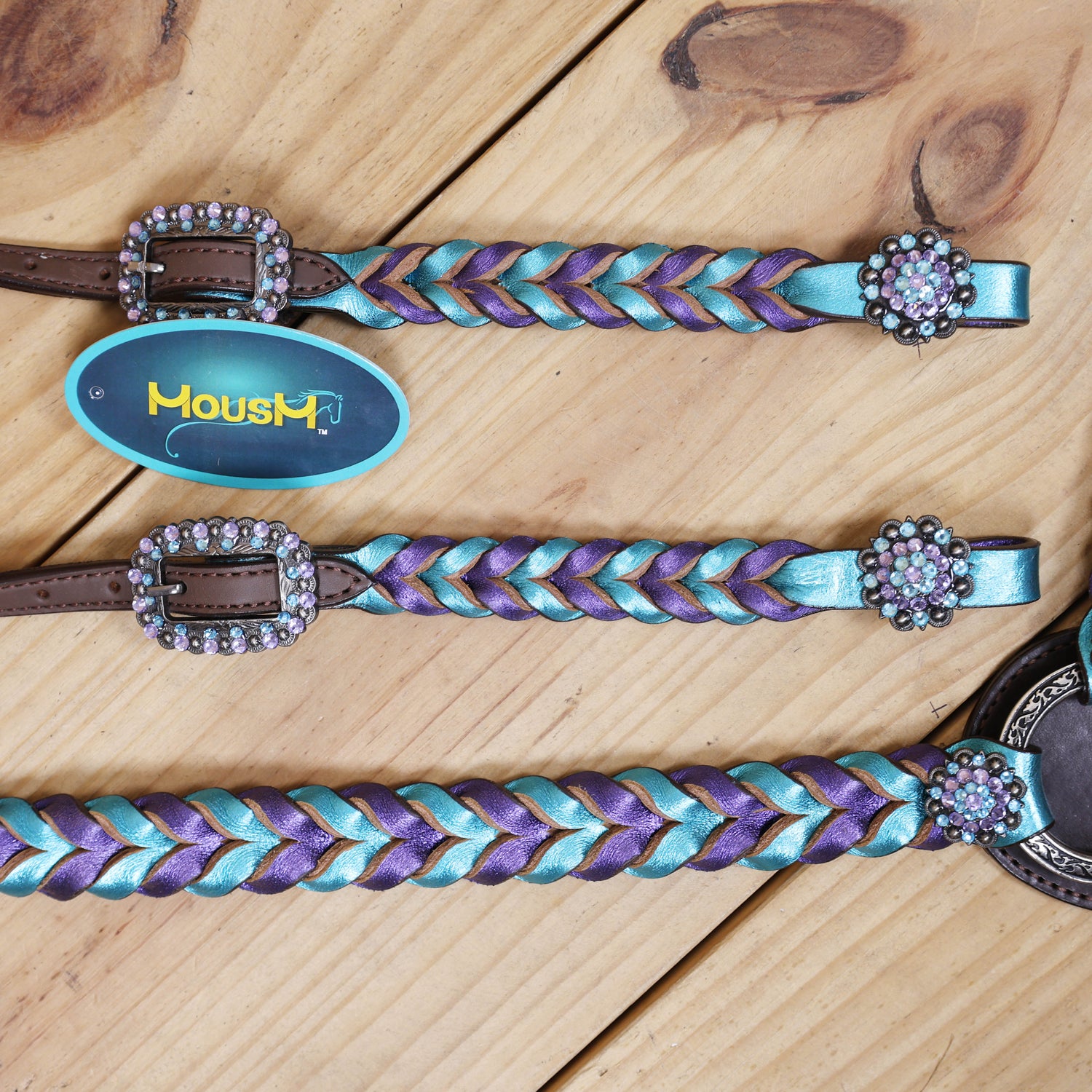 Western Horse Headstall Tack Set Decorated with Purple and Teal Metallic Twisted Leather Braiding and Rhinestone Berry Conchos MOUSM