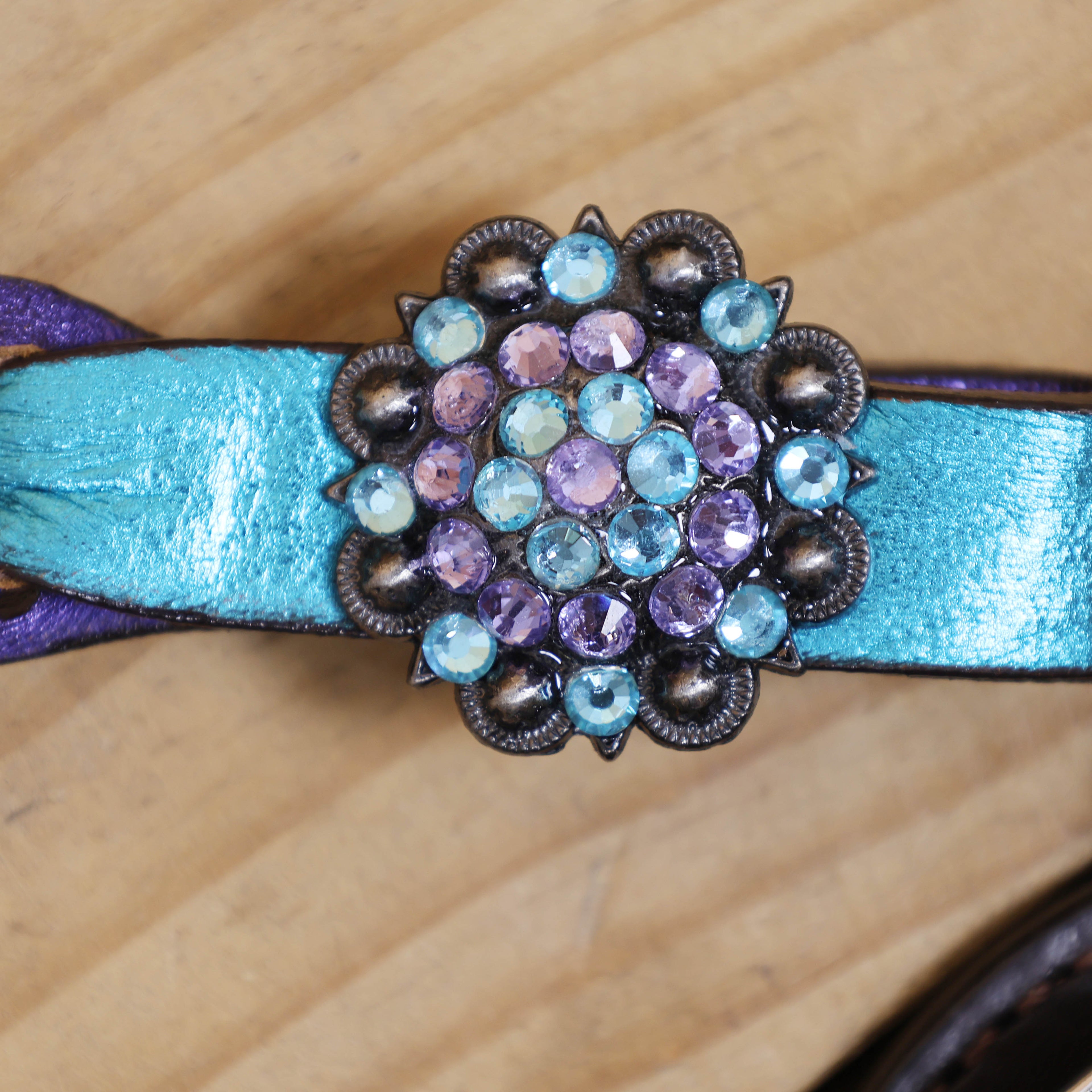Western Horse Headstall Tack Set Decorated with Purple and Teal Metallic Twisted Leather Braiding and Rhinestone Berry Conchos MOUSM