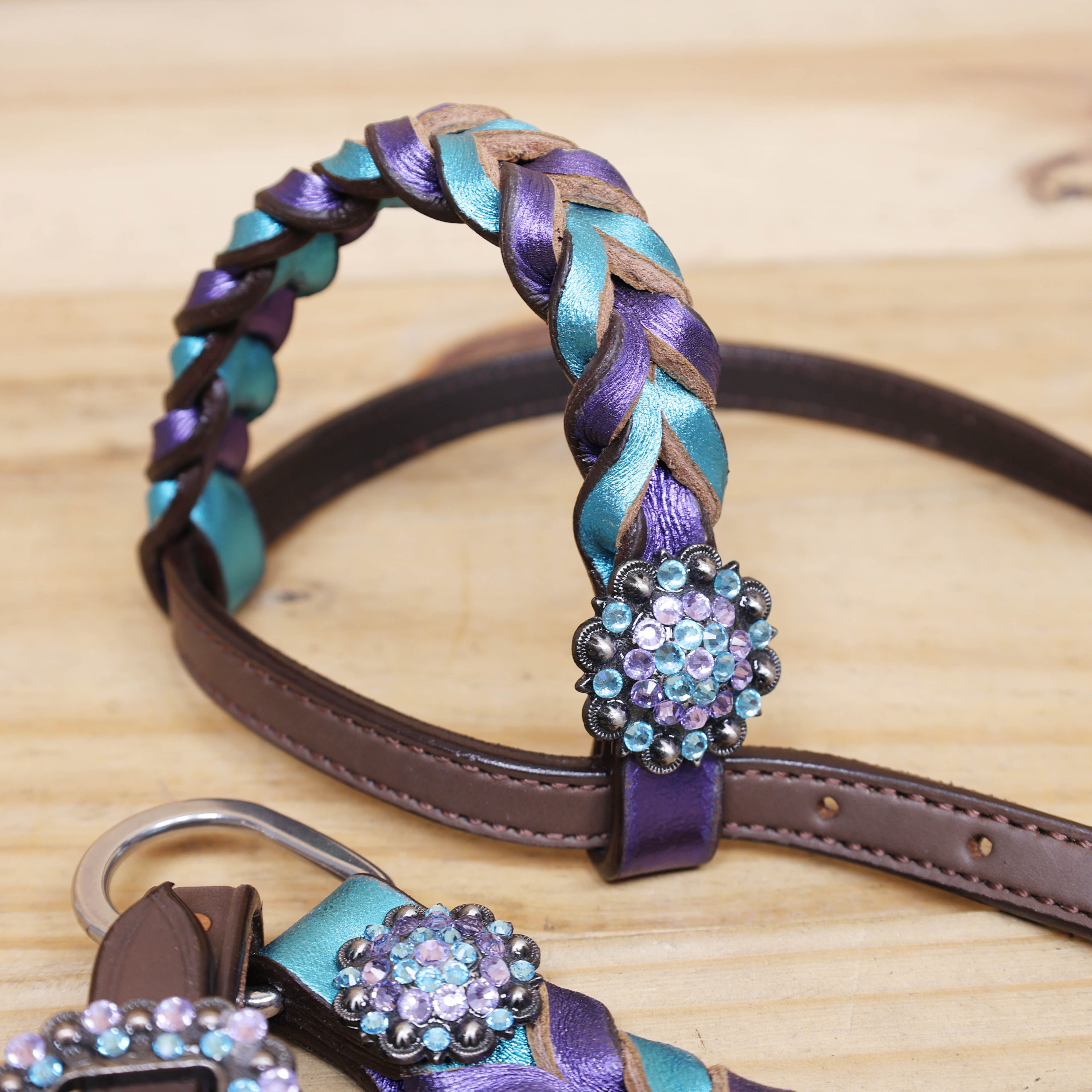 Western Horse Headstall Tack Set Decorated with Purple and Teal Metallic Twisted Leather Braiding and Rhinestone Berry Conchos MOUSM
