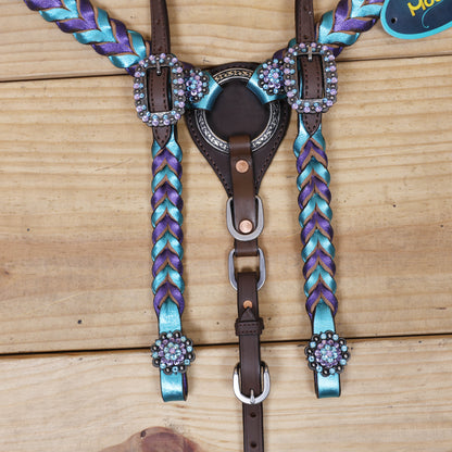 Western Horse Headstall Tack Set Decorated with Purple and Teal Metallic Twisted Leather Braiding and Rhinestone Berry Conchos MOUSM