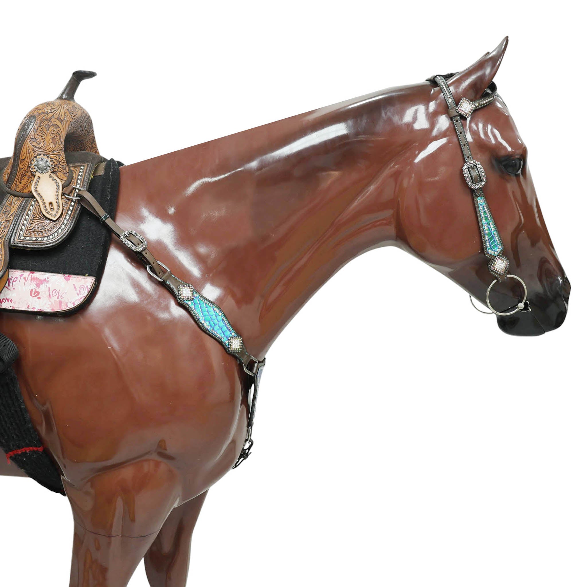 Western Horse Headstall Set Decorated with Turquoise and Green Holographic Alligator Print with Silver Studs and Rhinestone Berry Conchos MOUSM