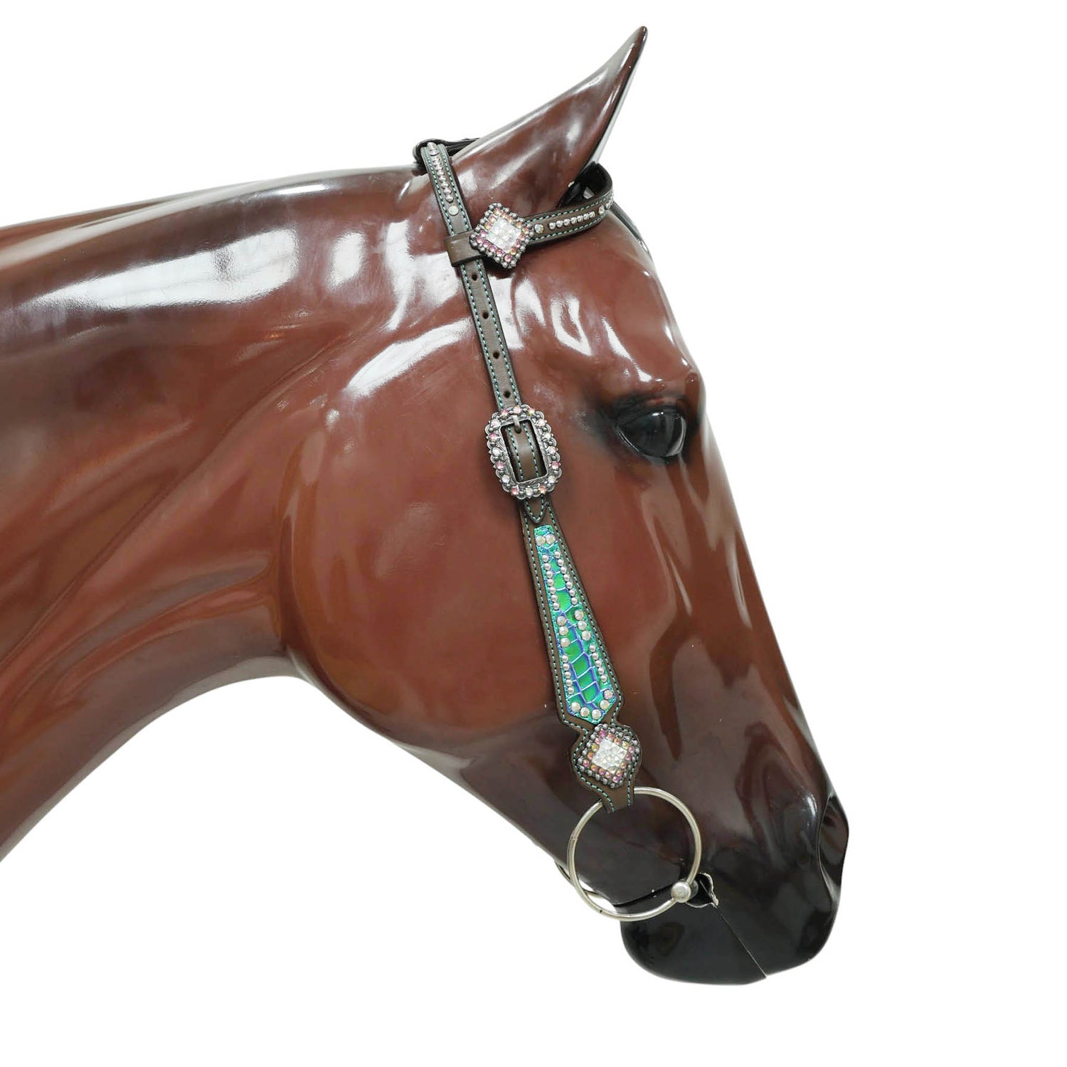 Western Horse Headstall Set Decorated with Turquoise and Green Holographic Alligator Print with Silver Studs and Rhinestone Berry Conchos MOUSM