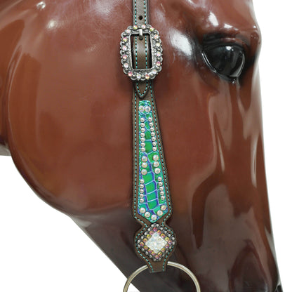 Western Horse Headstall Set Decorated with Turquoise and Green Holographic Alligator Print with Silver Studs and Rhinestone Berry Conchos MOUSM